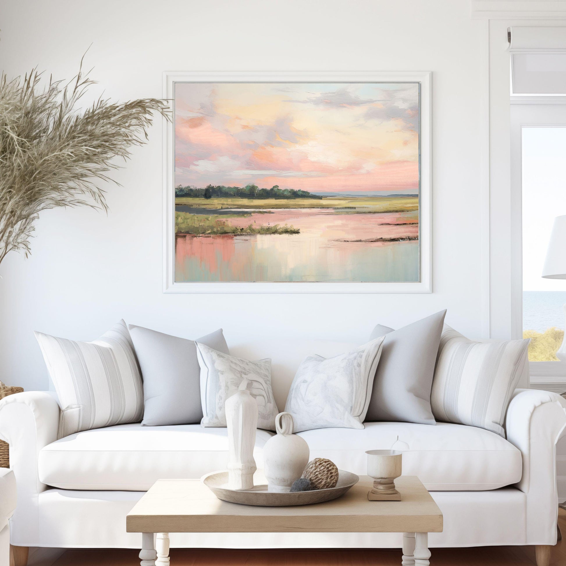 Pastel Marsh Landscape Wall Art Print Soft Coastal Pink Sky Nature Painting, Southern Marshland Fine Art Print, Carolina Sunset