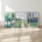 Marshland Boardwalk By the Riverbank Art Print, Soft Blue and Green Coastal Landscape Painting, Modern Coastal Decor