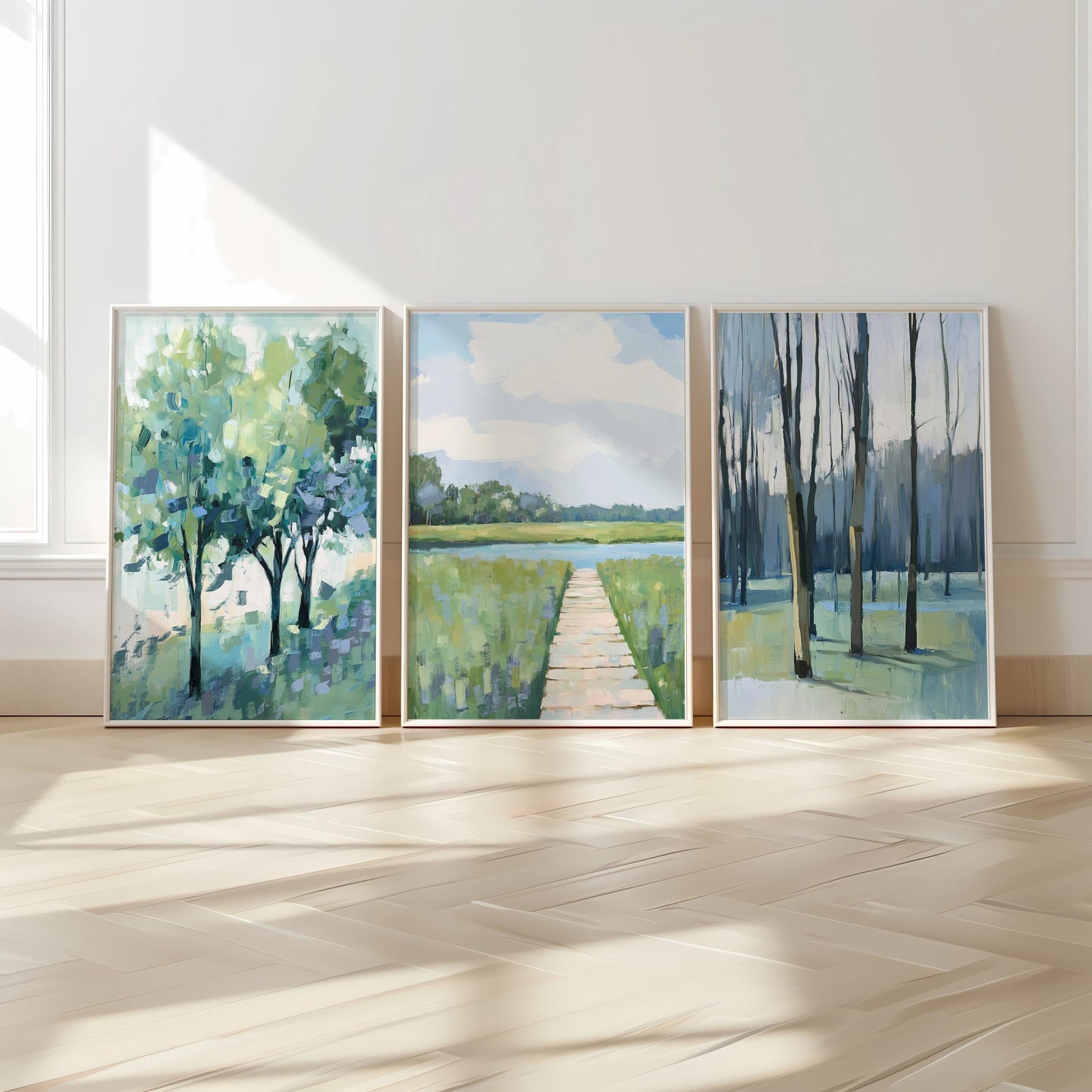 Marshland Boardwalk By the Riverbank Art Print, Soft Blue and Green Coastal Landscape Painting, Modern Coastal Decor
