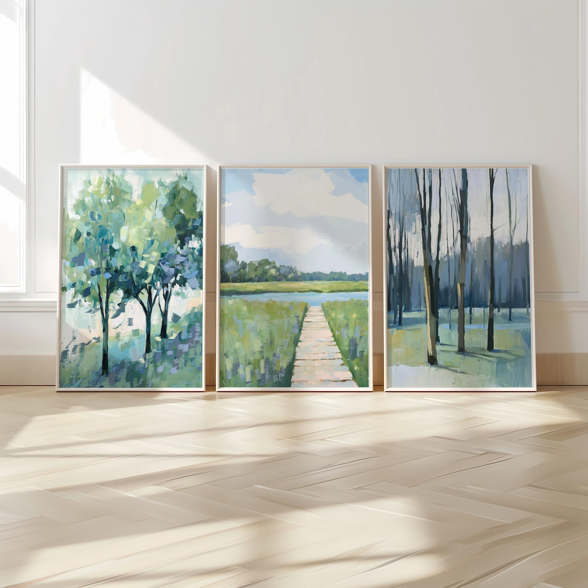 Marshland Boardwalk By the Riverbank Art Print, Soft Blue and Green Coastal Landscape Painting, Modern Coastal Decor
