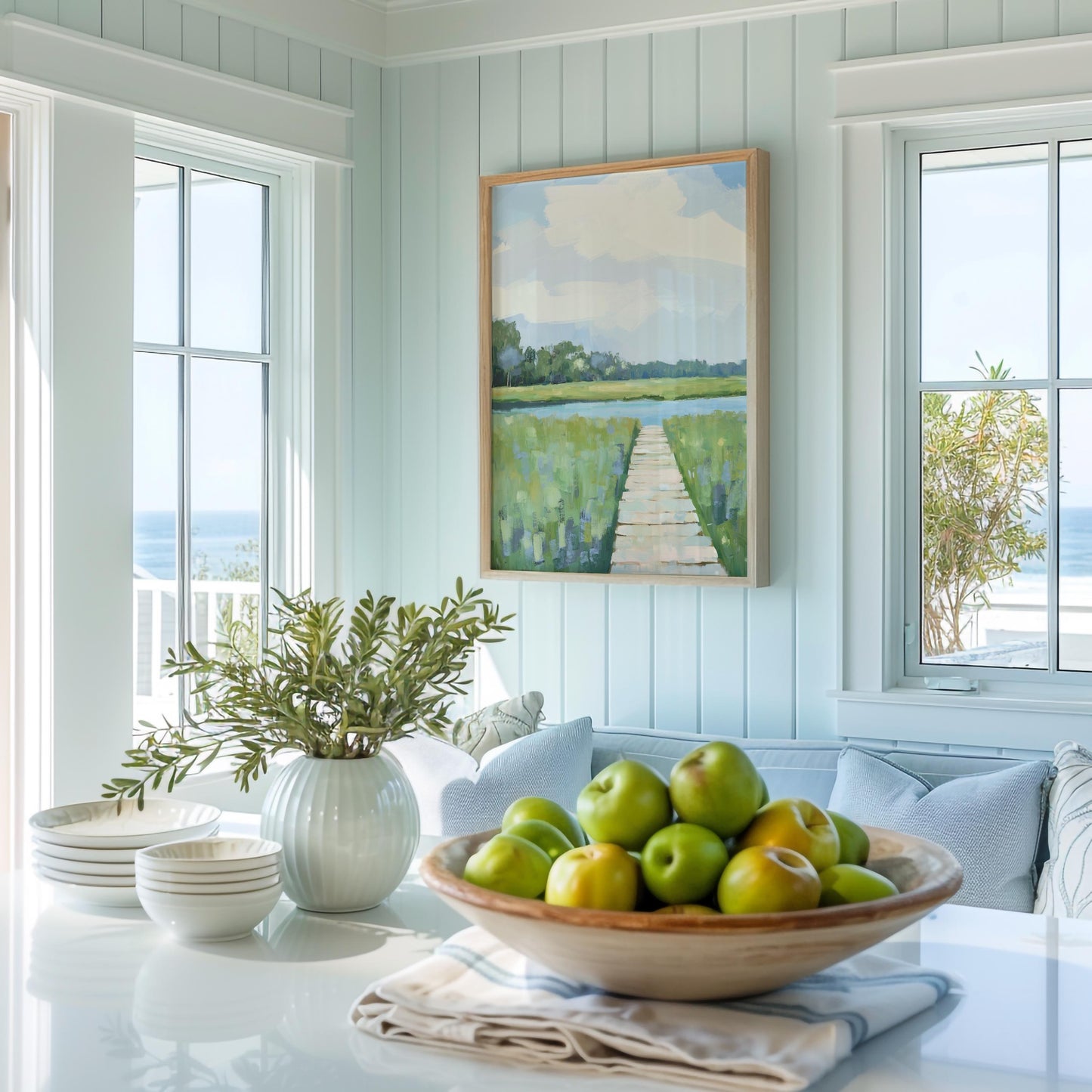 Marshland Boardwalk By the Riverbank Art Print, Soft Blue and Green Coastal Landscape Painting, Modern Coastal Decor