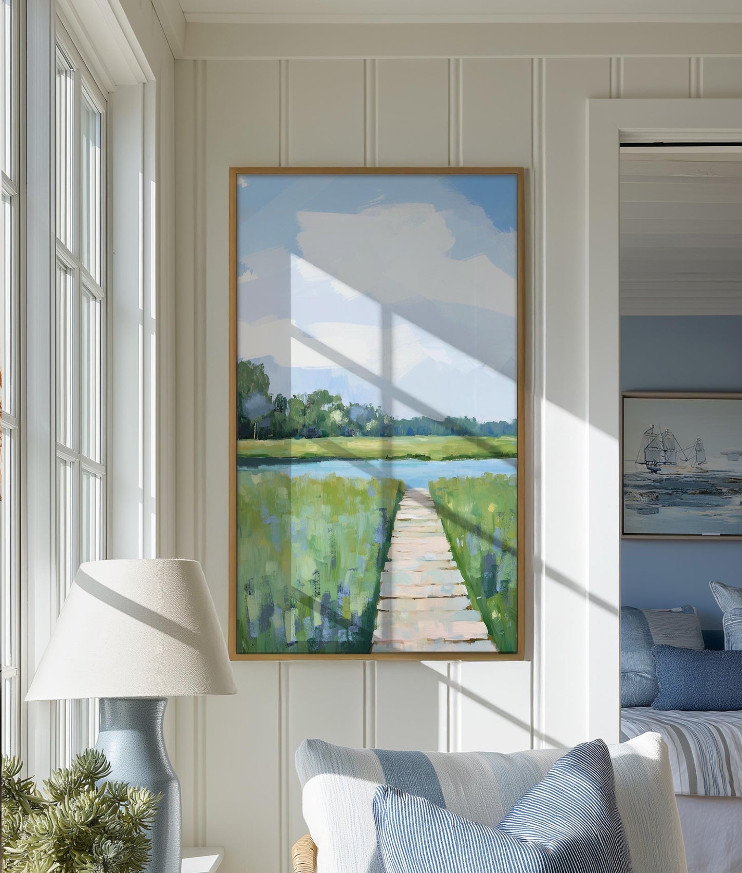 Marshland Boardwalk By the Riverbank Art Print, Soft Blue and Green Coastal Landscape Painting, Modern Coastal Decor