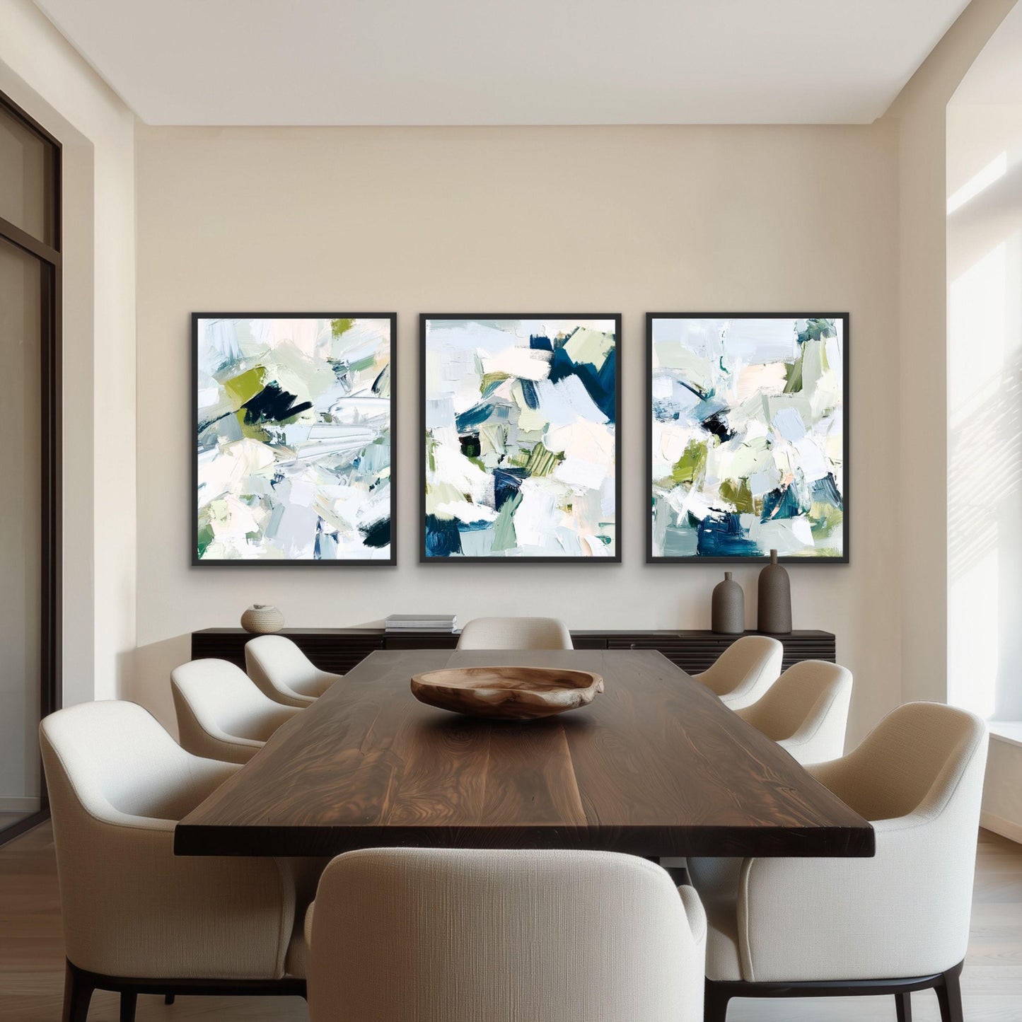 Coastal Abstract Print Set of Three, Large Contemporary Nautical Artworks for Beach House, Soft Blue and Sage Wall Art