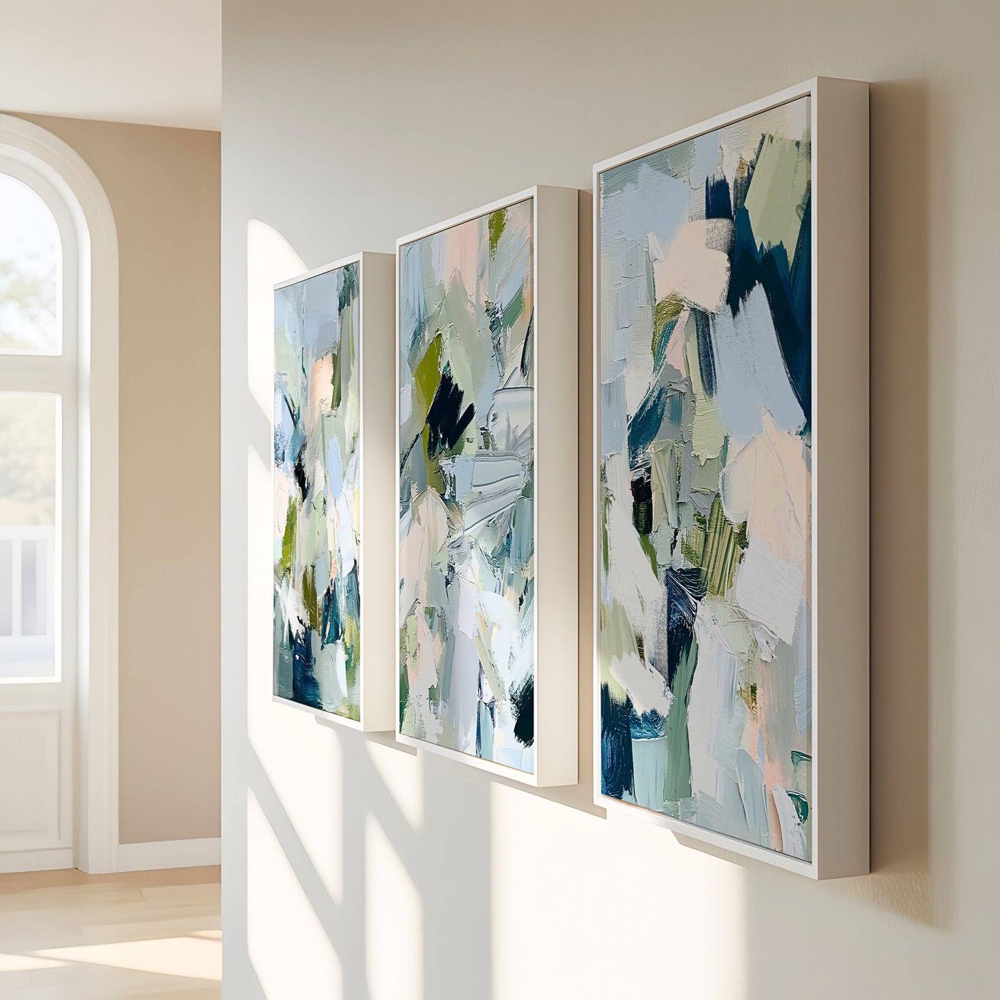 Coastal Abstract Print Set of Three, Large Contemporary Nautical Artworks for Beach House, Soft Blue and Sage Wall Art