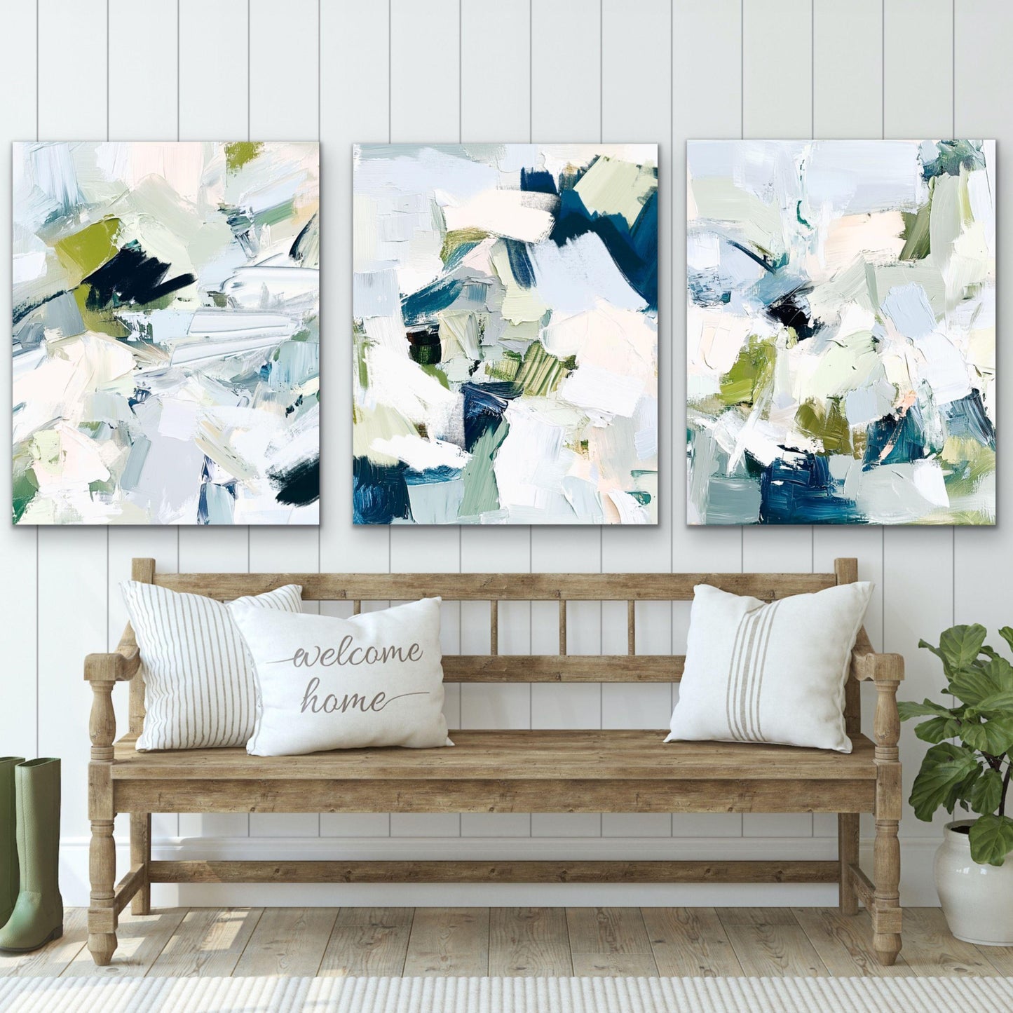 Coastal Abstract Print Set of Three, Large Contemporary Nautical Artworks for Beach House, Soft Blue and Sage Wall Art