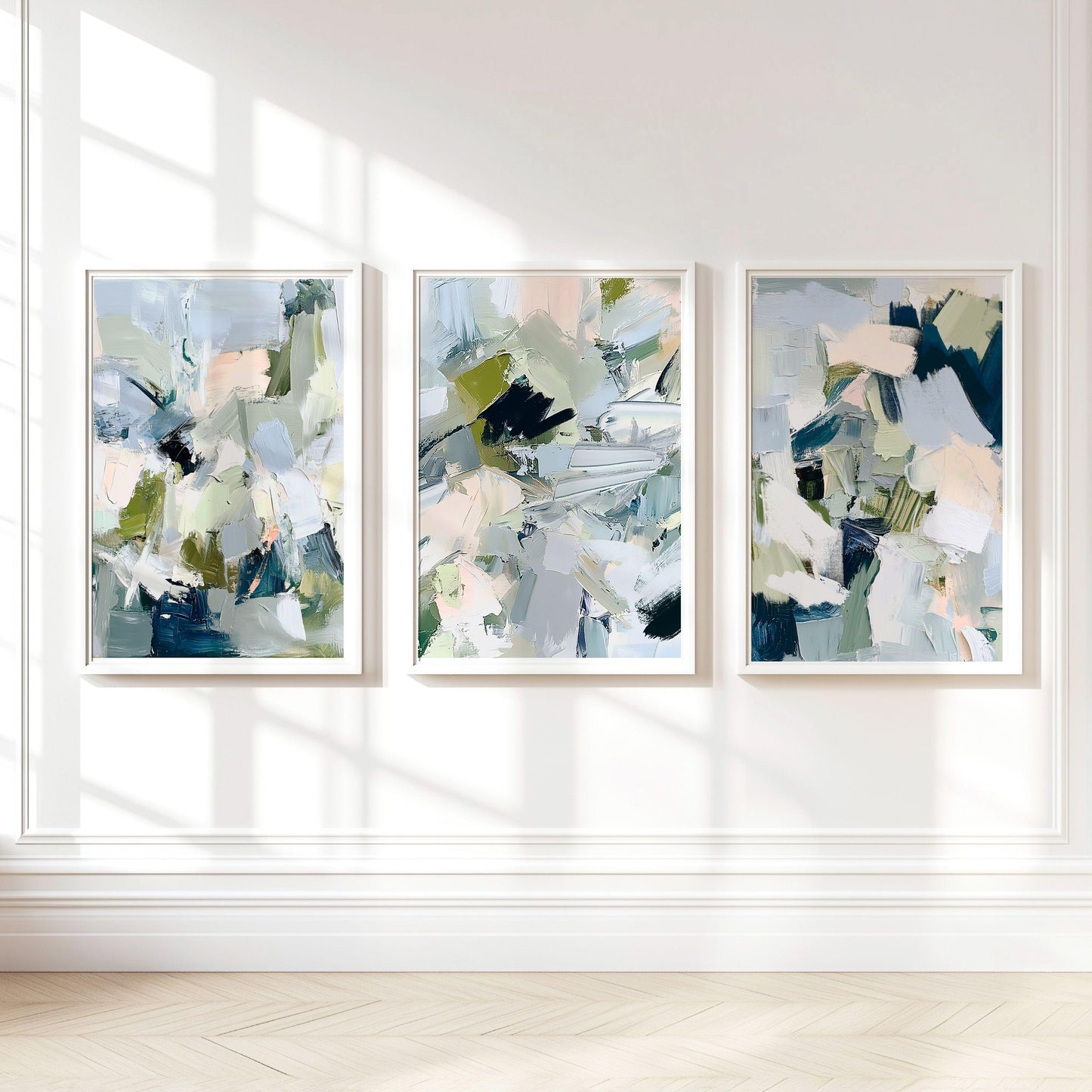 Coastal Abstract Print Set of Three, Large Contemporary Nautical Artworks for Beach House, Soft Blue and Sage Wall Art