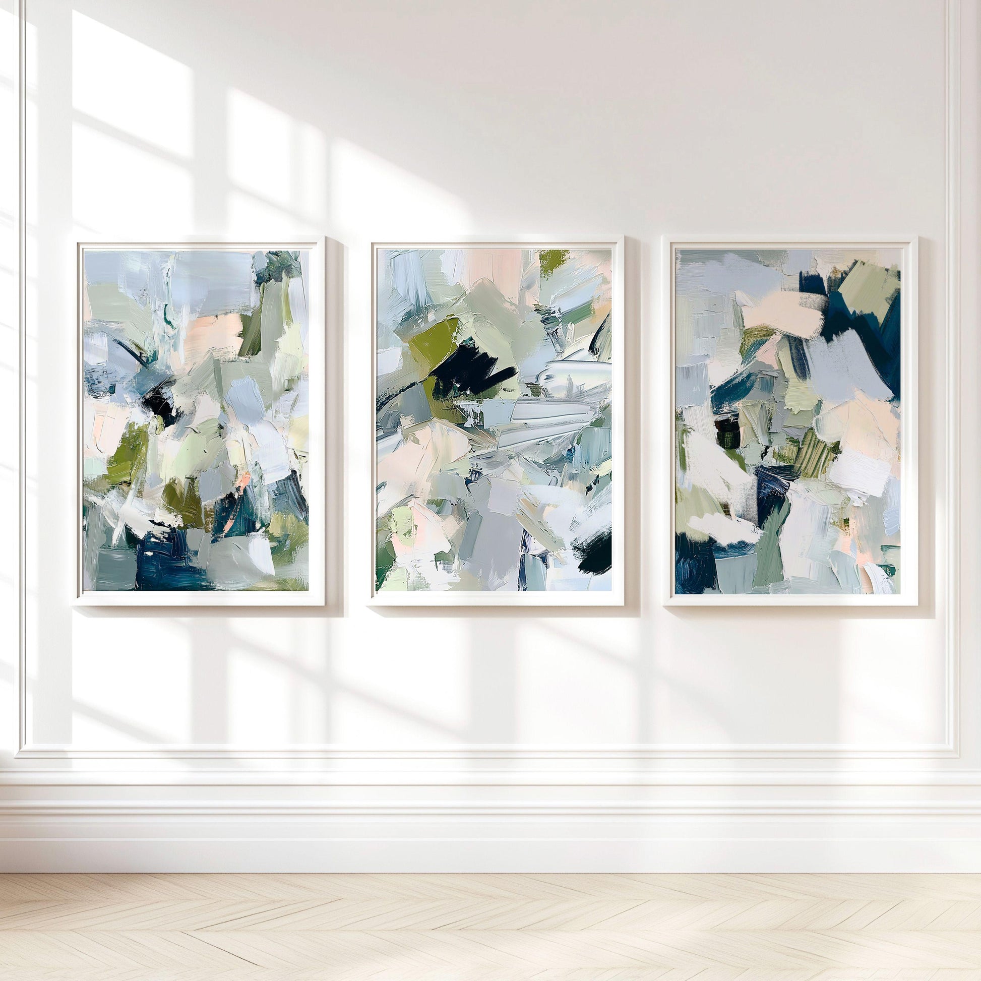 Coastal Abstract Print Set of Three, Large Contemporary Nautical Artworks for Beach House, Soft Blue and Sage Wall Art
