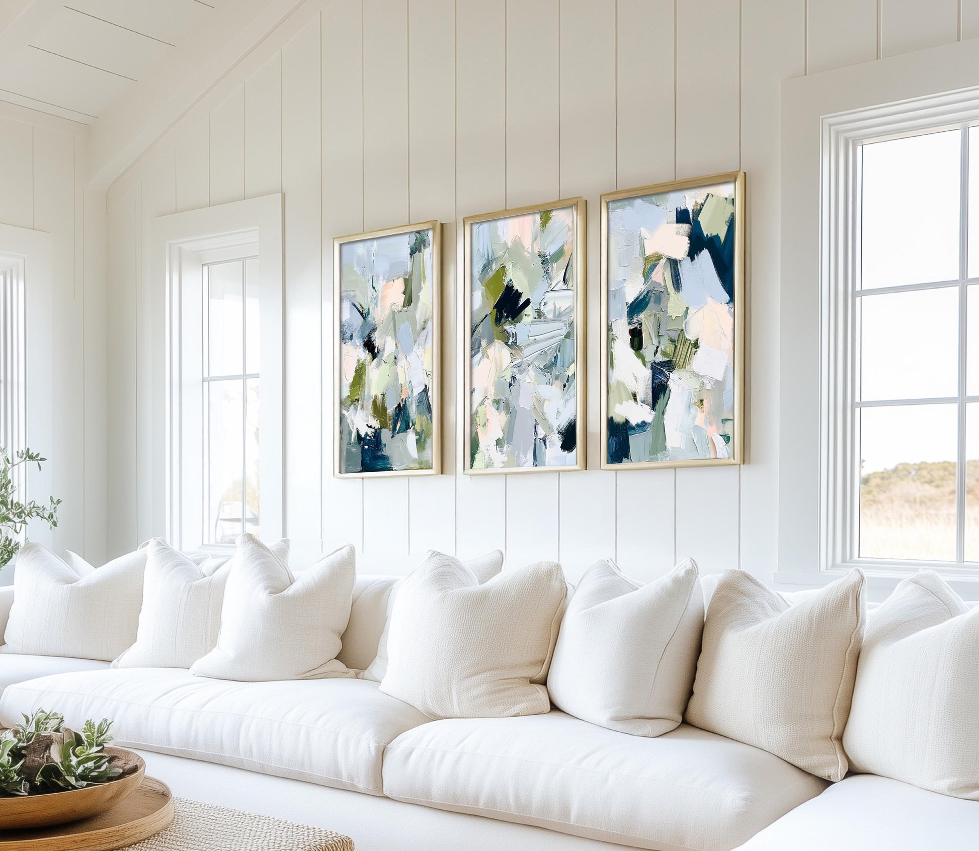 Coastal Abstract Print Set of Three, Large Contemporary Nautical Artworks for Beach House, Soft Blue and Sage Wall Art