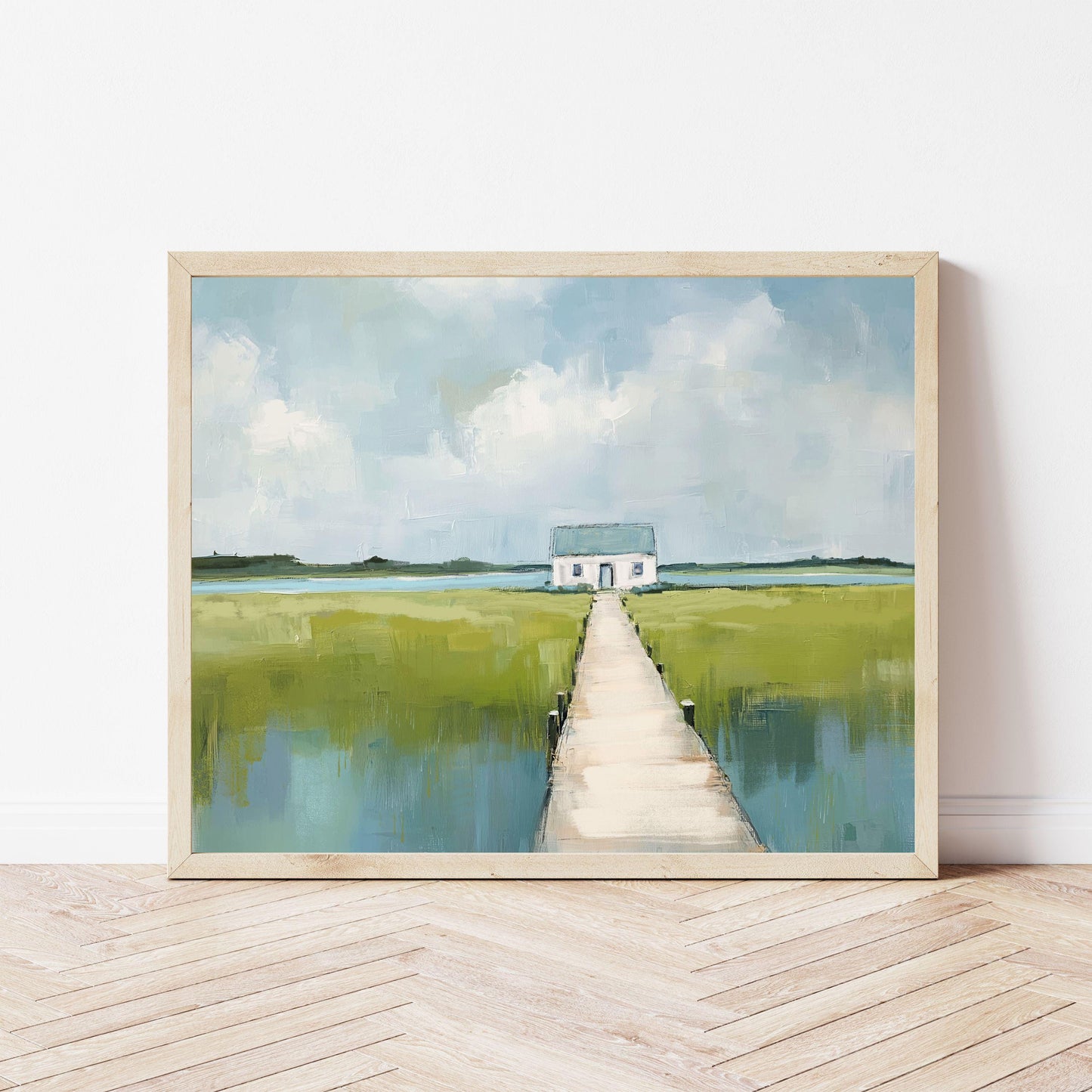 Coastal Marsh Landscape Art Print, Cottagecore Wall Art, Aqua Blue and Green Summer Painting, Boho Coastal Style, SallieO
