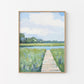 Marshland Boardwalk By the Riverbank Art Print, Soft Blue and Green Coastal Landscape Painting, Modern Coastal Decor