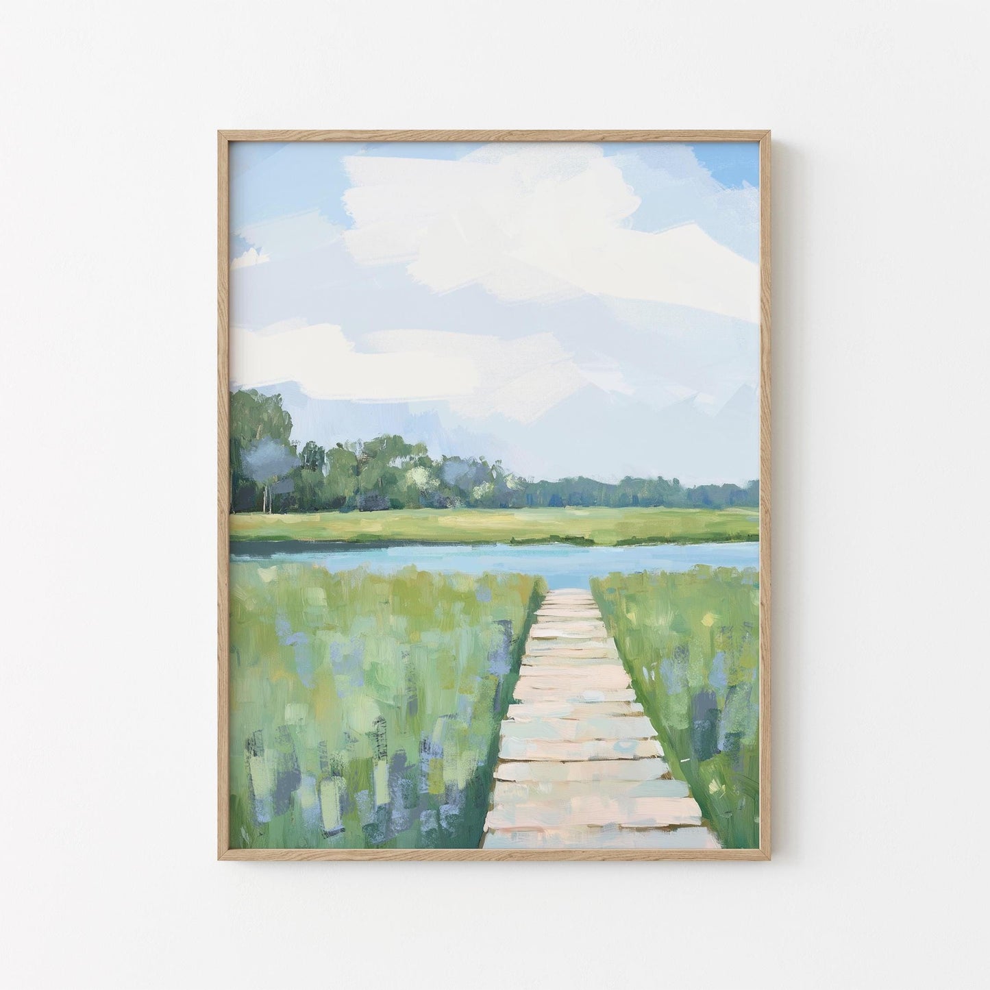 Marshland Boardwalk By the Riverbank Art Print, Soft Blue and Green Coastal Landscape Painting, Modern Coastal Decor