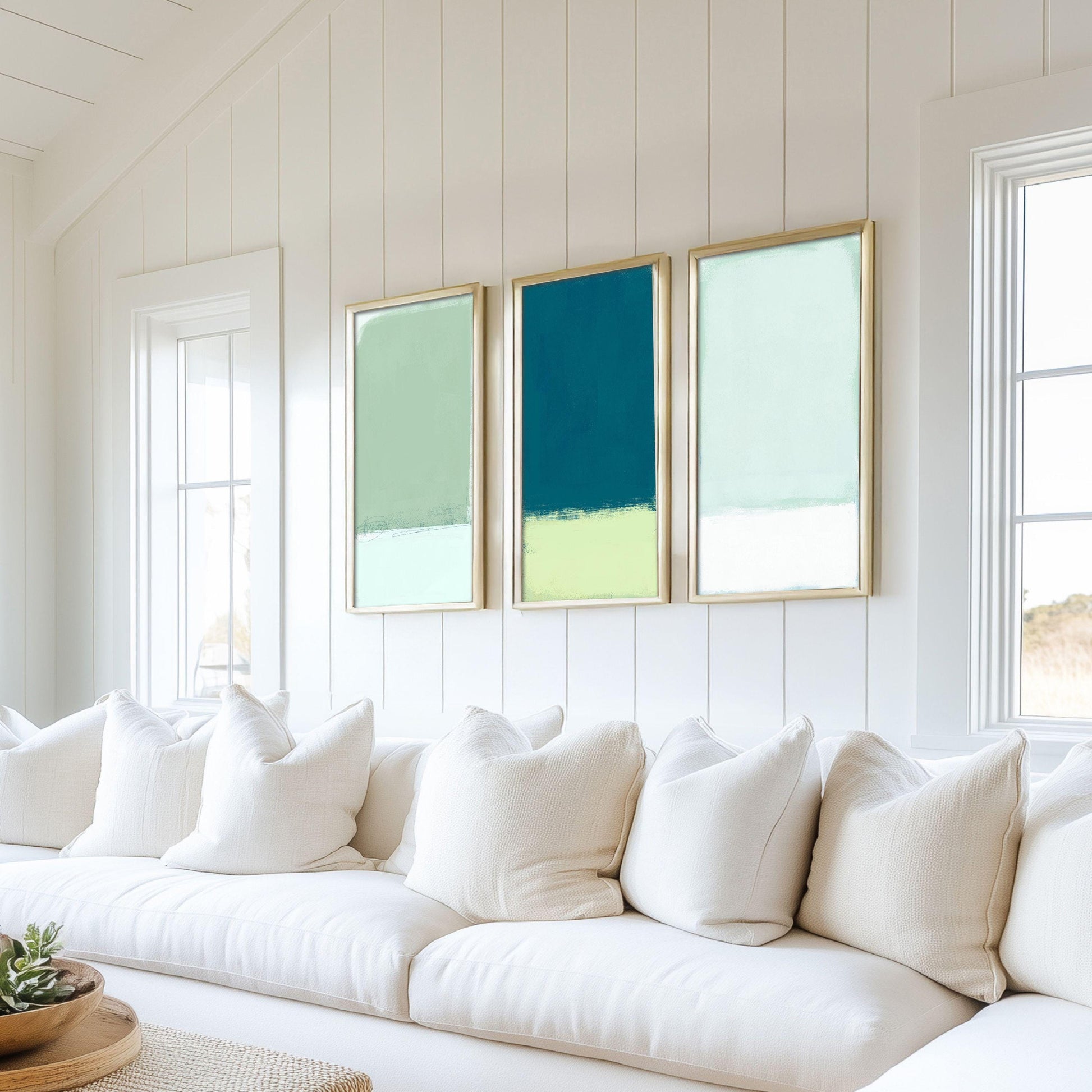 Coastal Abstract Wall Art Triptych, Soft Tone Contemporary Beach House Prints,