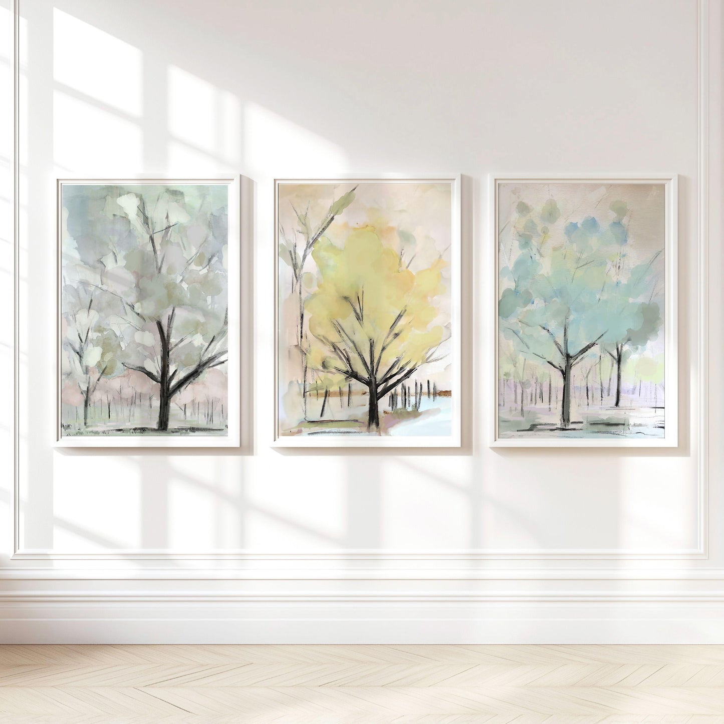 Watercolor Tree Print Set, Soft Pastel Wall Art, Abstract Nature Prints, Modern Botanical Decor, Set of 3 Tree Paintings