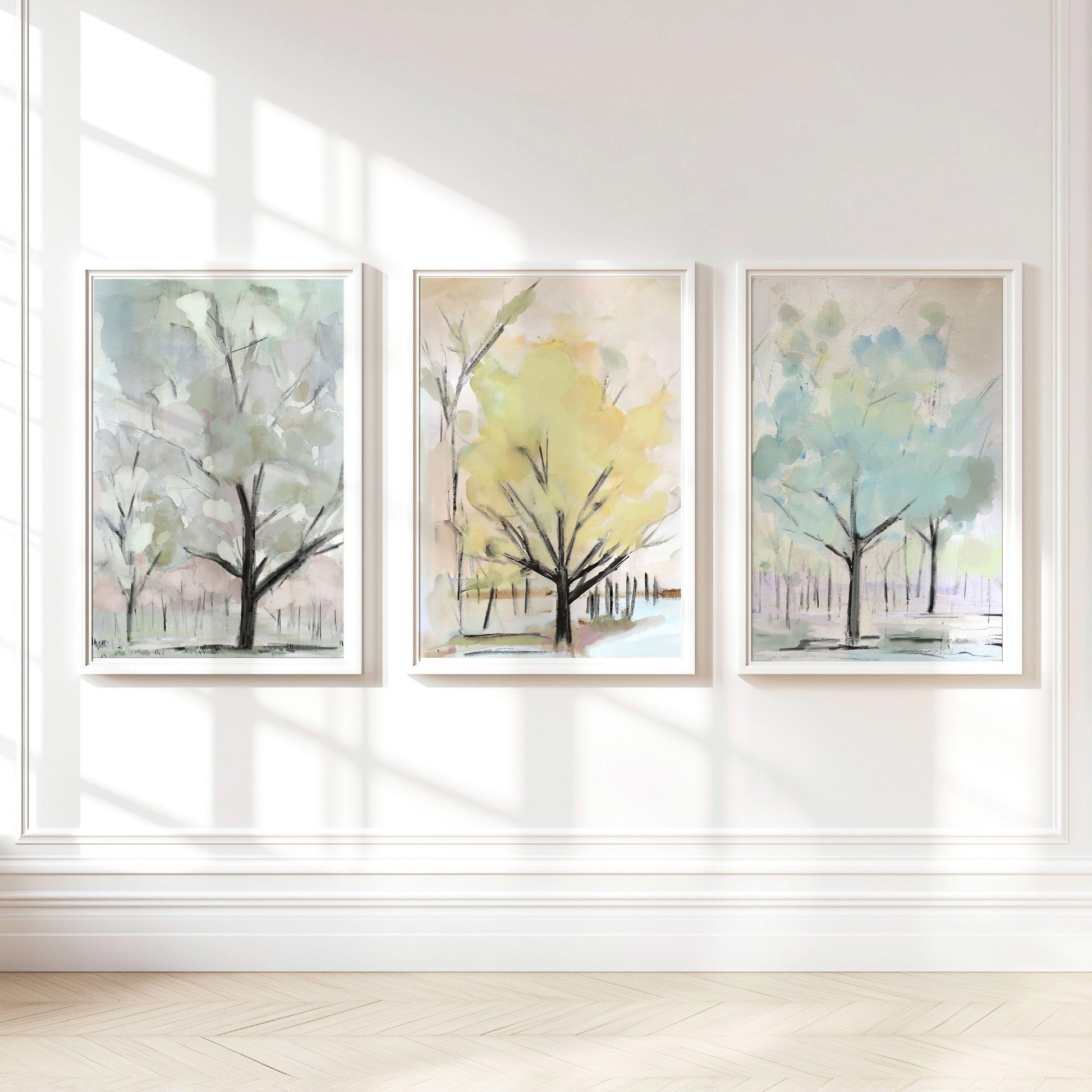 Watercolor Tree Print Set, Soft Pastel Wall Art, Abstract Nature Prints, Modern Botanical Decor, Set of 3 Tree Paintings