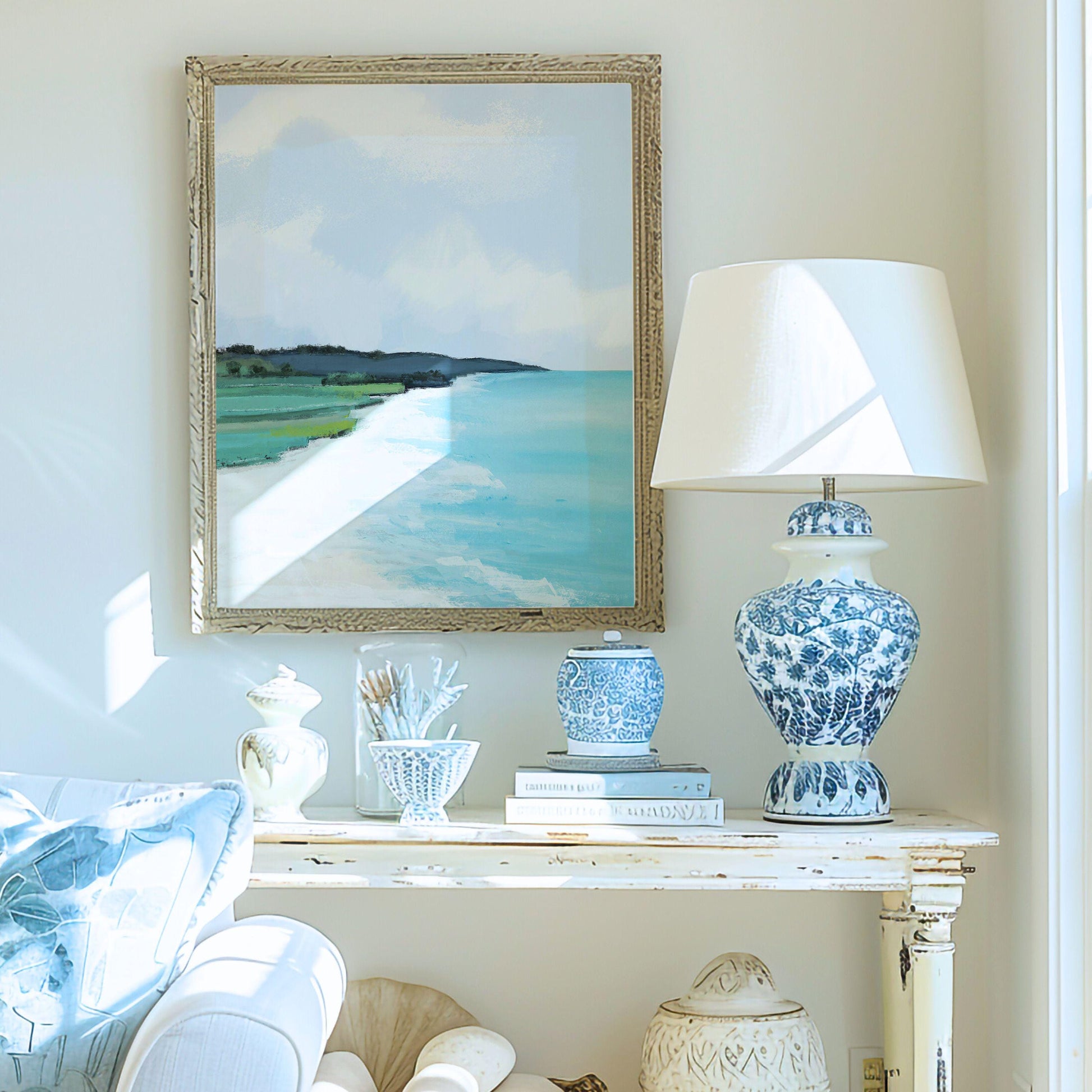 Abstract Coastal Landscape Art Print, Modern Beach House Decor, Minimalist Seascape Painting, Blue and Green Ocean Art