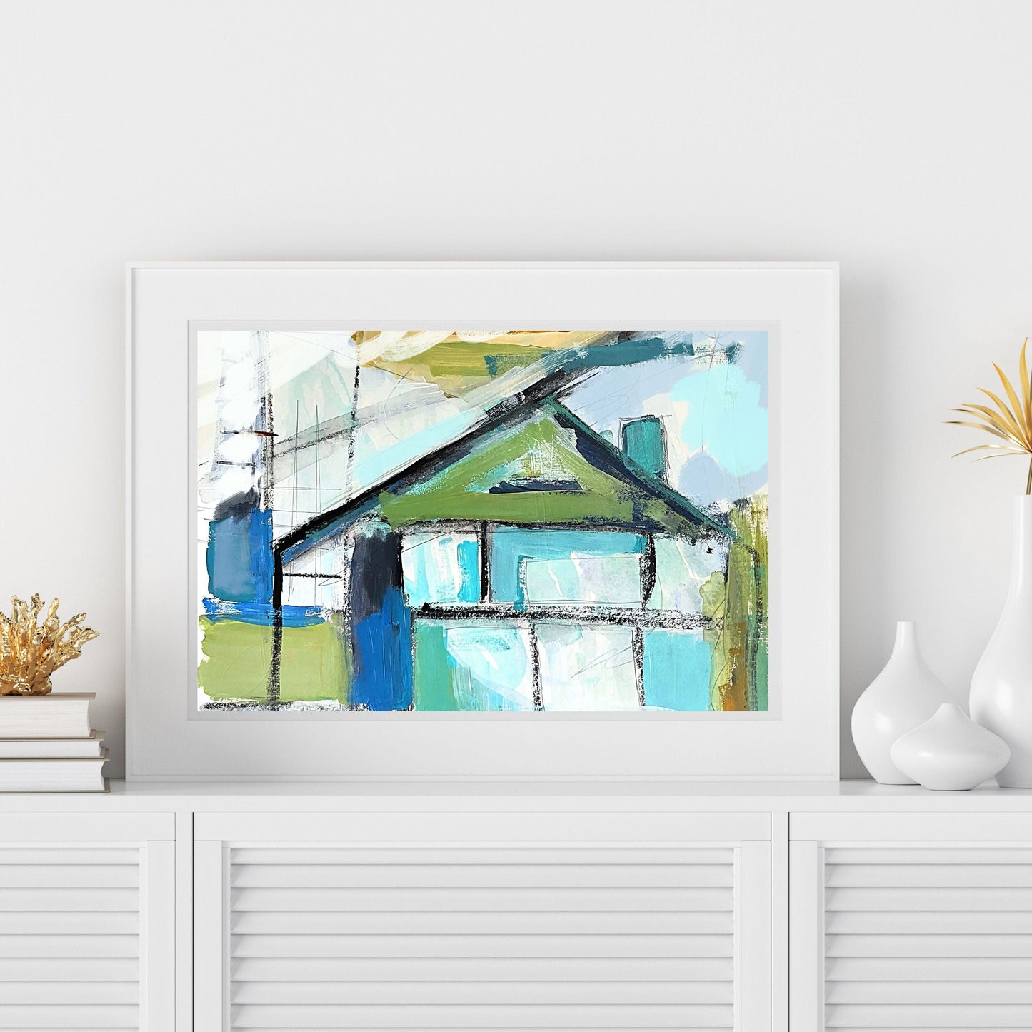 Abstract Beach House Art Print, Modern Coastal Home Decor, Blue and Green Contemporary Art