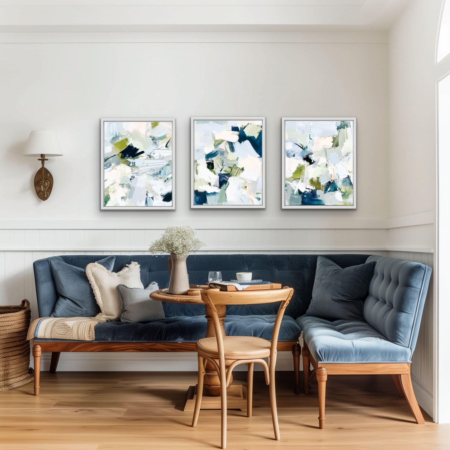 Coastal Abstract Print Set of Three, Large Contemporary Nautical Artworks for Beach House, Soft Blue and Sage Wall Art