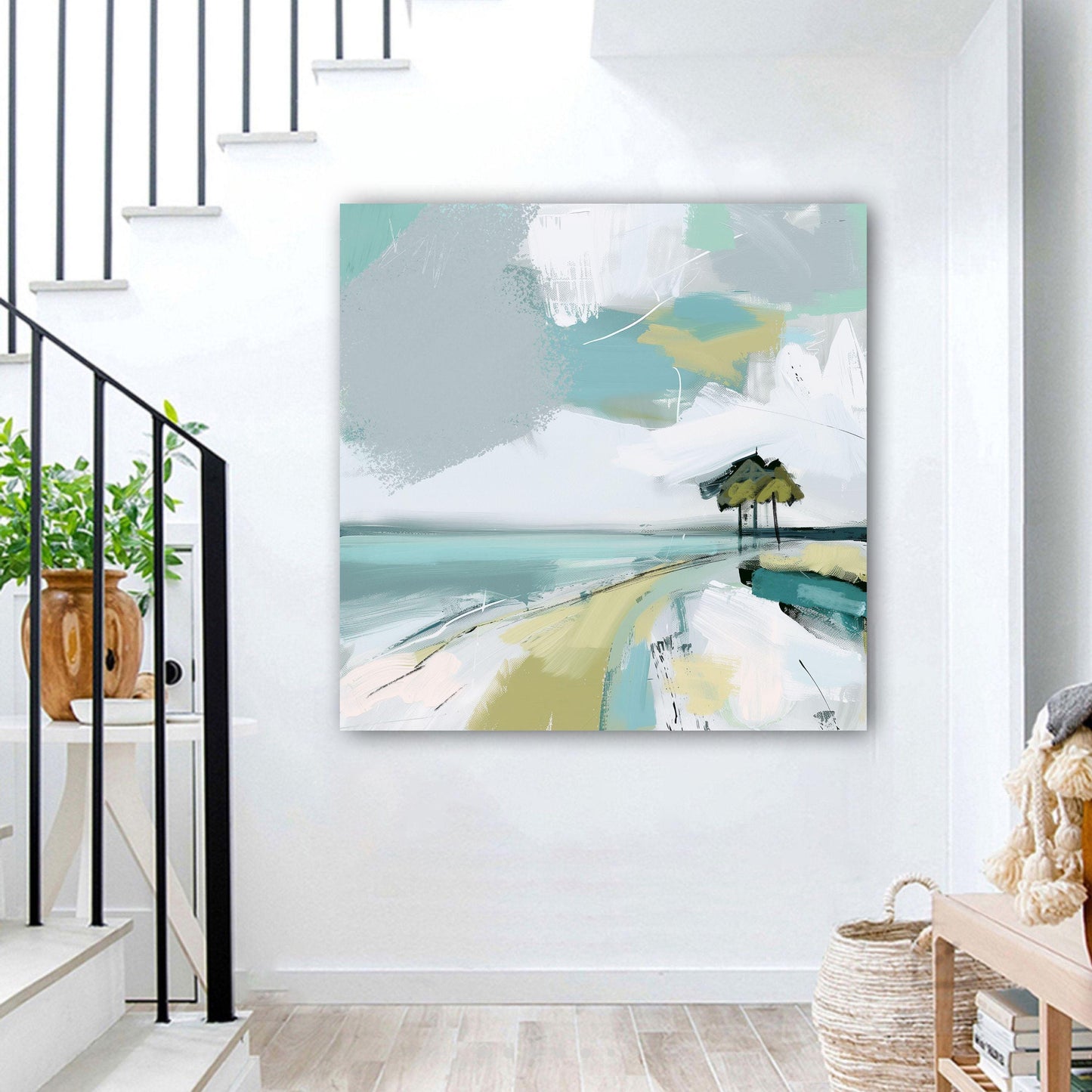 Abstract Coastal Landscape Print, Blue Green Tropical Beach Wall Art, Modern Beach House Decor