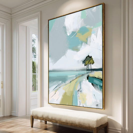 Abstract Coastal Landscape Print, Blue Green Tropical Beach Wall Art, Modern Beach House Decor