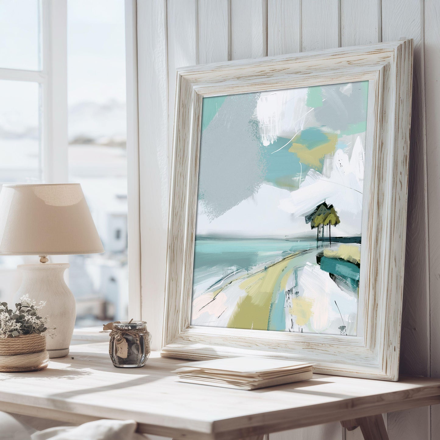 Abstract Coastal Landscape Print, Blue Green Tropical Beach Wall Art, Modern Beach House Decor