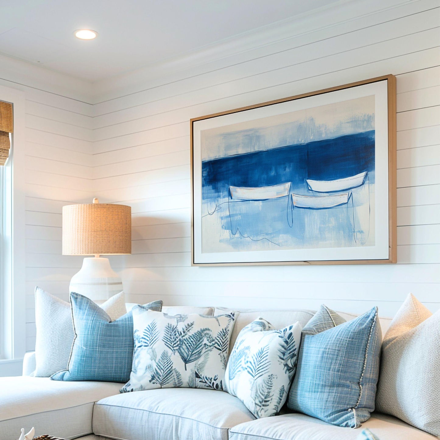 Blue Abstract Coastal Wall Art Print, Minimalist Boat Painting, Nautical Navy Blue Decor, Modern Beach House Art
