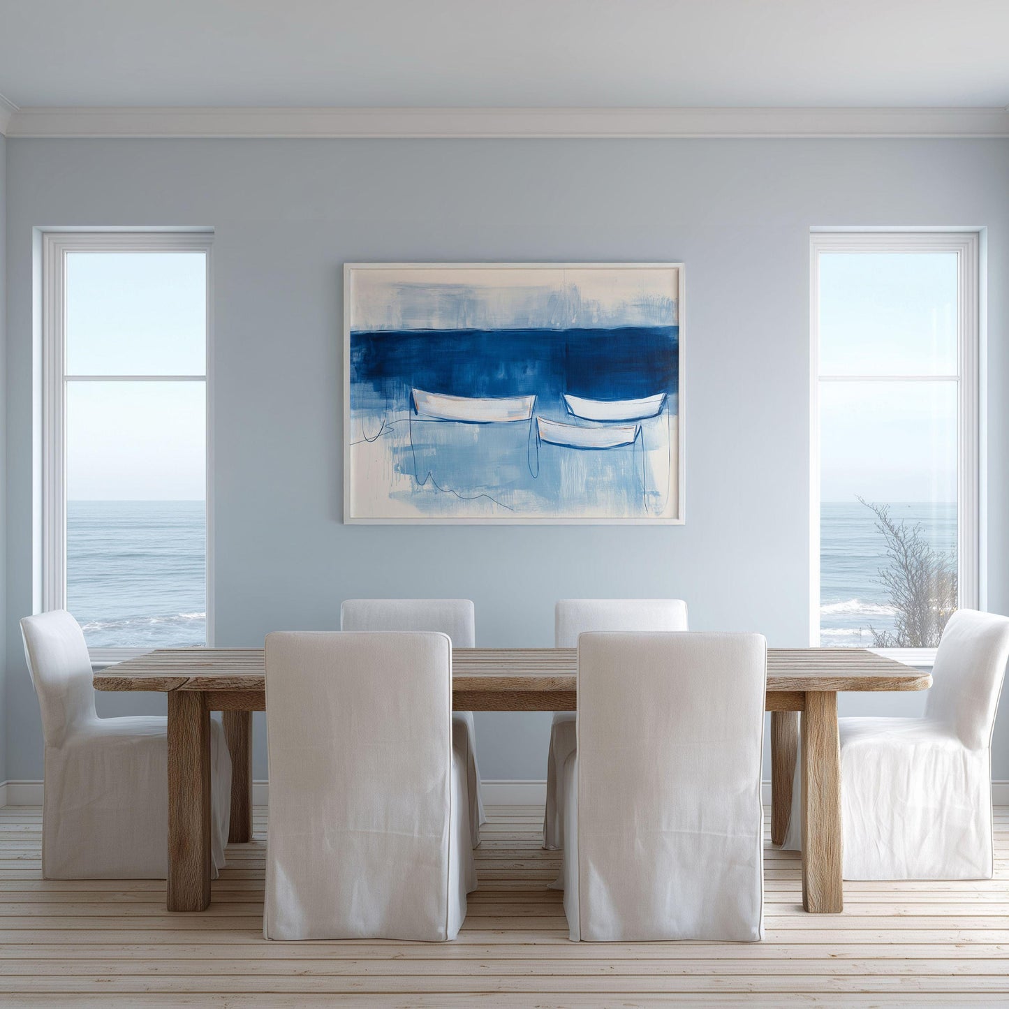 Blue Abstract Coastal Wall Art Print, Minimalist Boat Painting, Nautical Navy Blue Decor, Modern Beach House Art