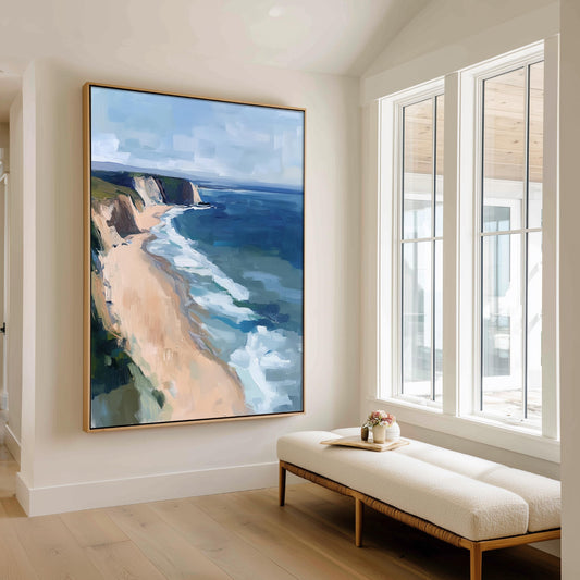 Pacific Ocean Cliff Art Print, Modern Beach House Decor, Vertical Artwork in Wrapped Canvas or Cotton Rag Paper, Framing Available