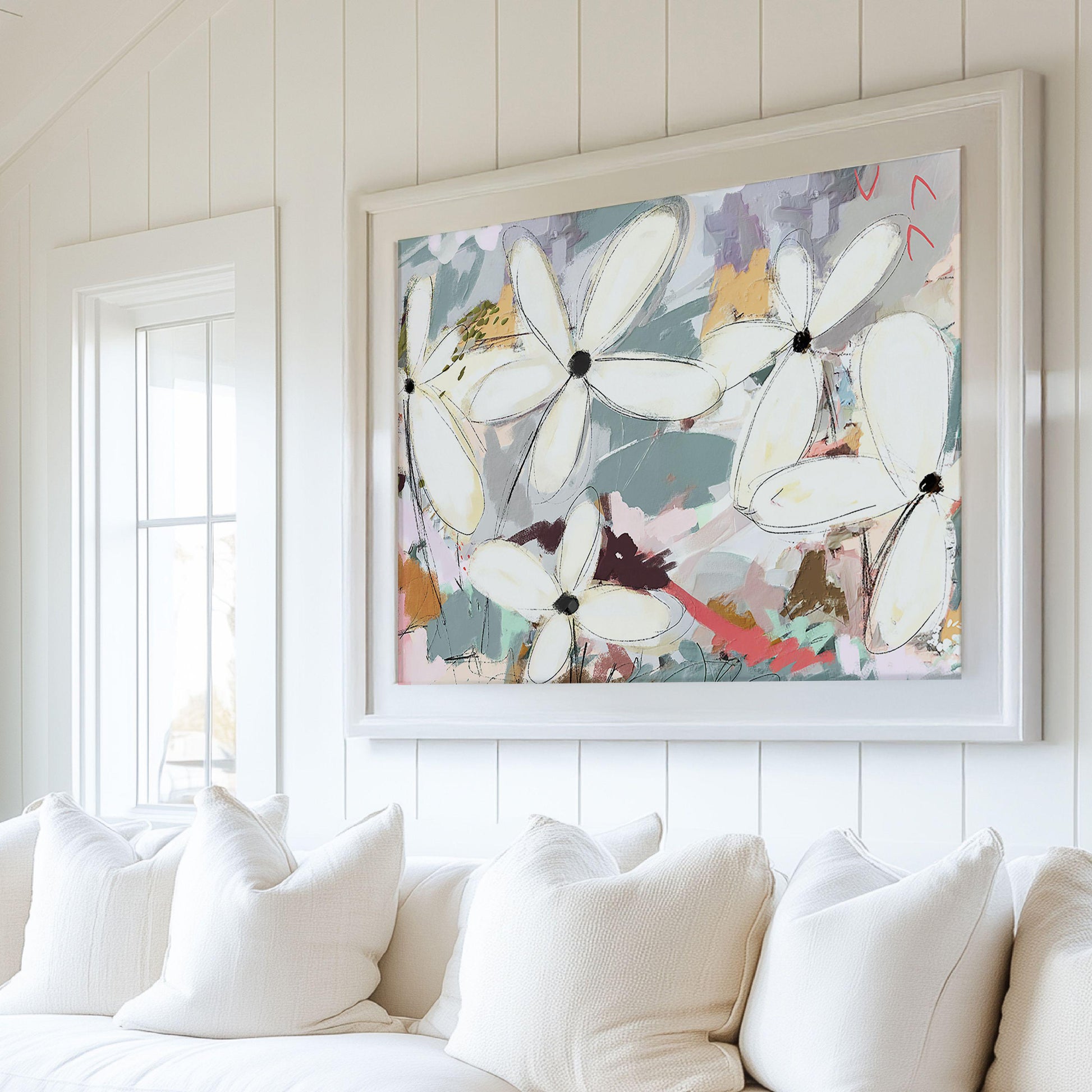 Large Abstract Botanical Wall Art, Modern Coastal Flower Painting, Beach House Decor,