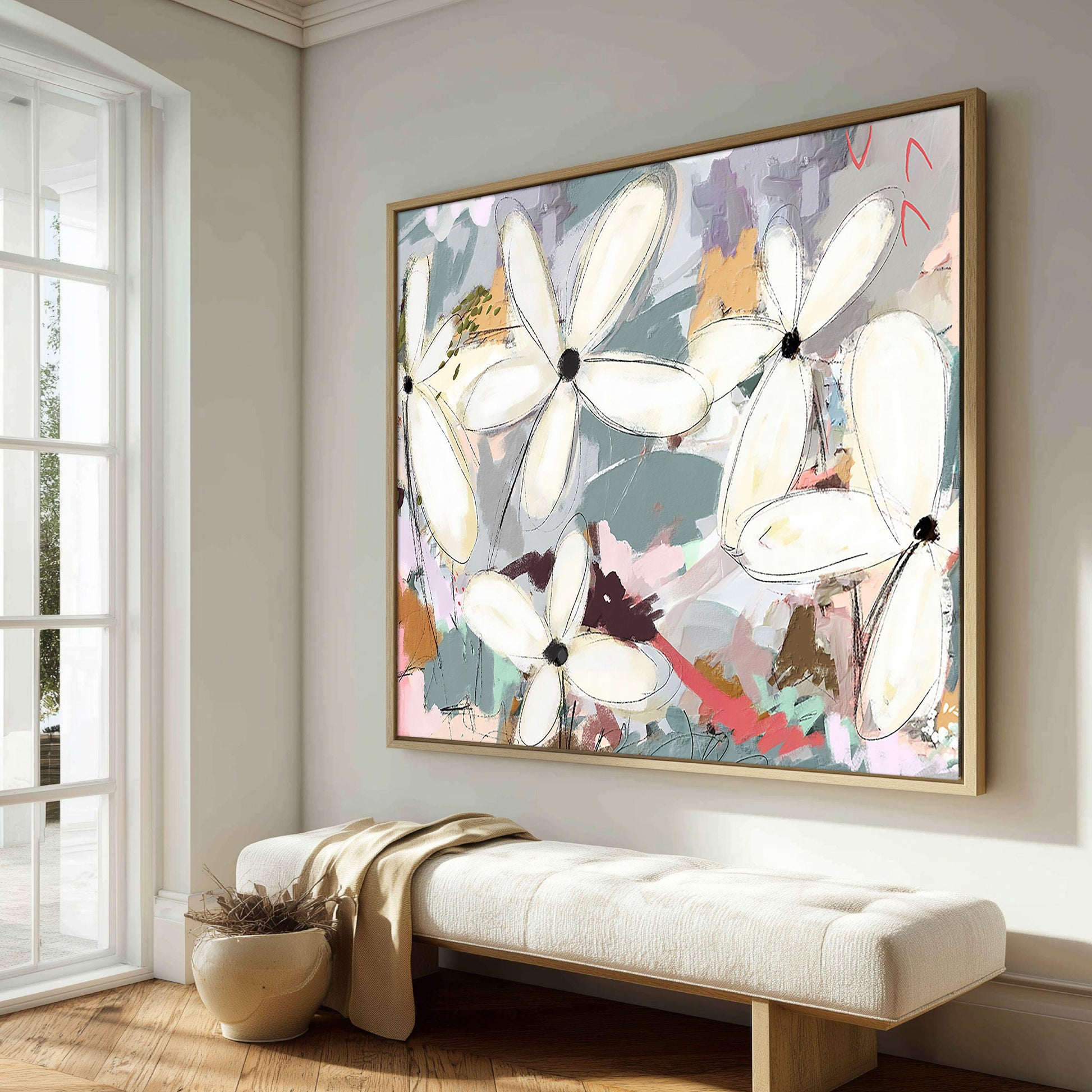 Large Abstract Botanical Wall Art, Modern Coastal Flower Painting, Beach House Decor,
