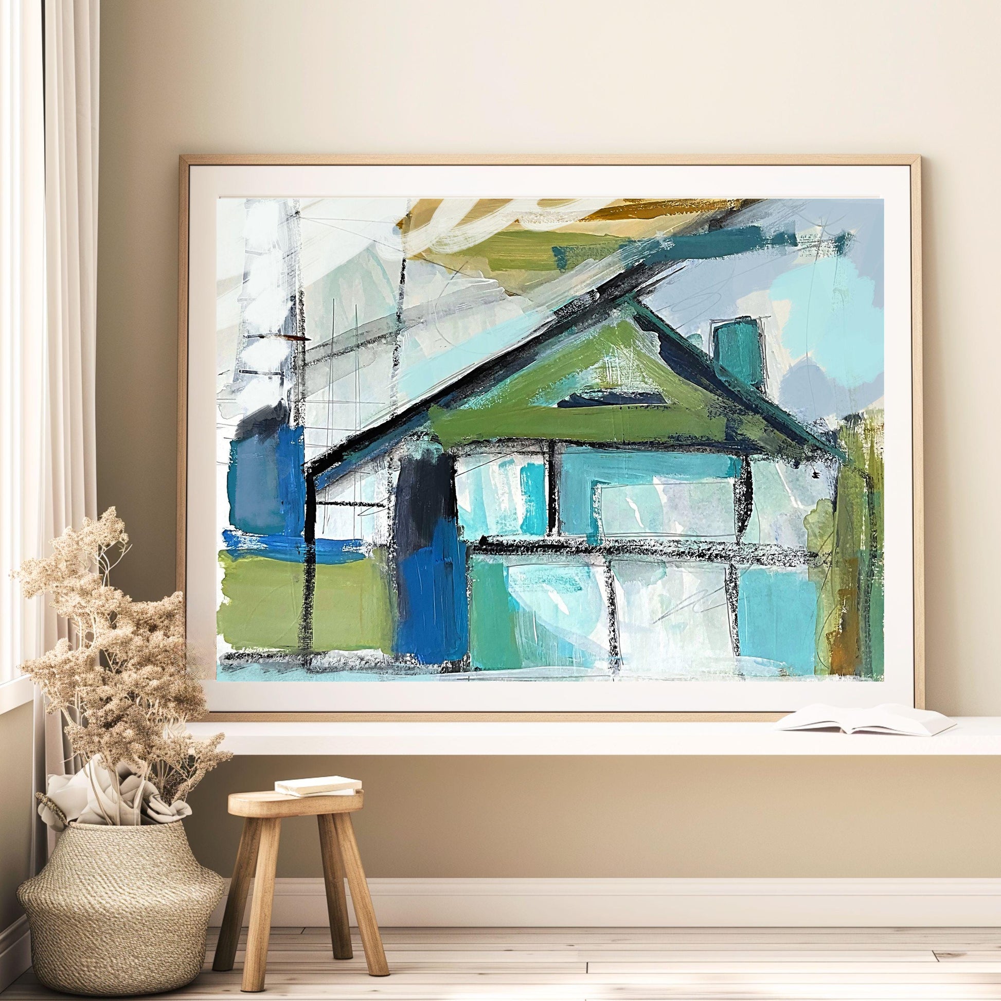 Abstract Beach House Art Print, Modern Coastal Home Decor, Blue and Green Contemporary Art