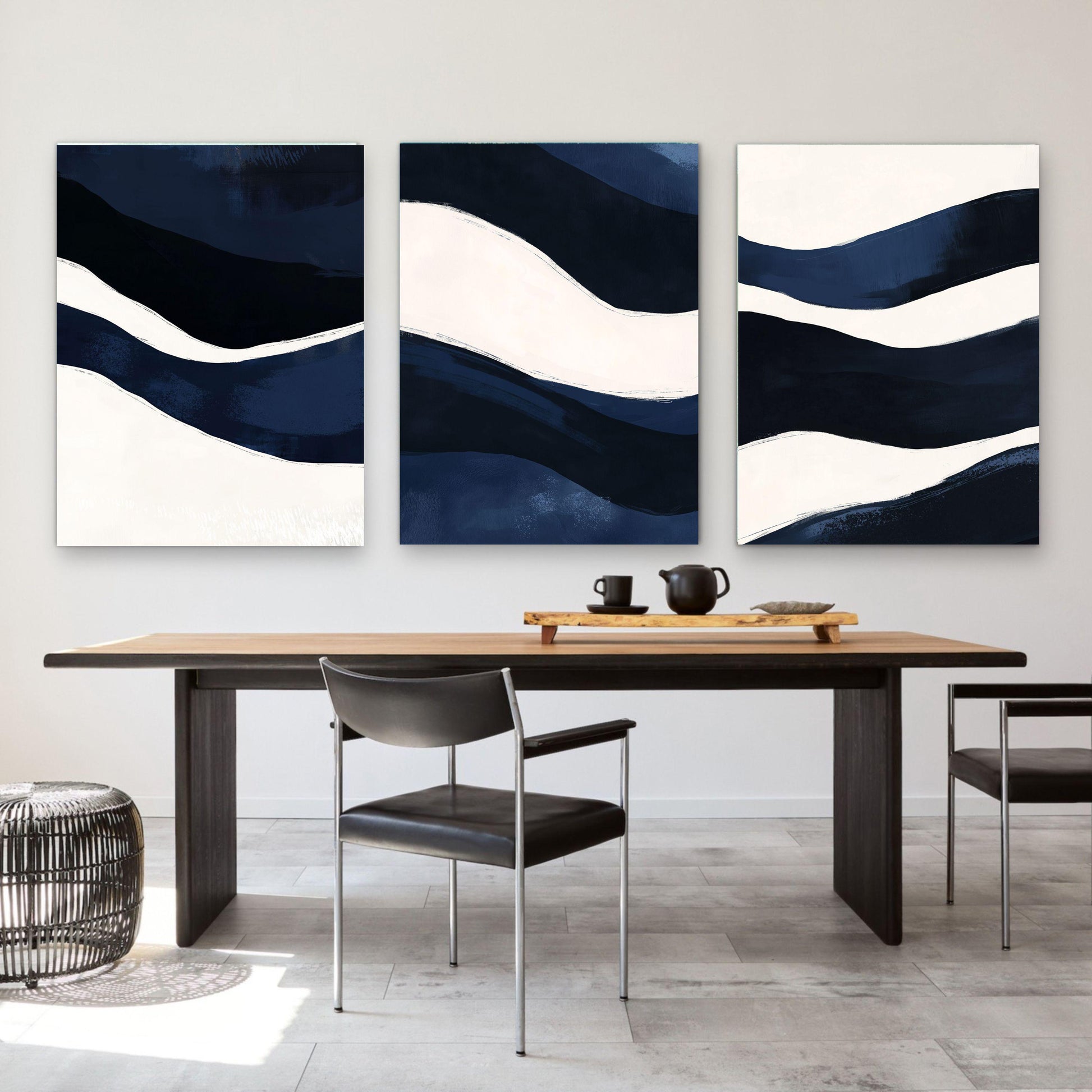 Navy Blue Coastal Abstract Wall Art Print Set, Large Contemporary Nautical Artworks, Modern Beach Decor Triptych