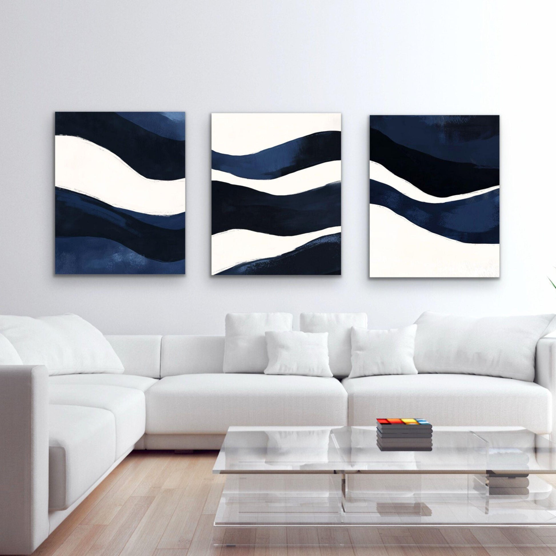 Navy Blue Coastal Abstract Wall Art Print Set, Large Contemporary Nautical Artworks, Modern Beach Decor Triptych