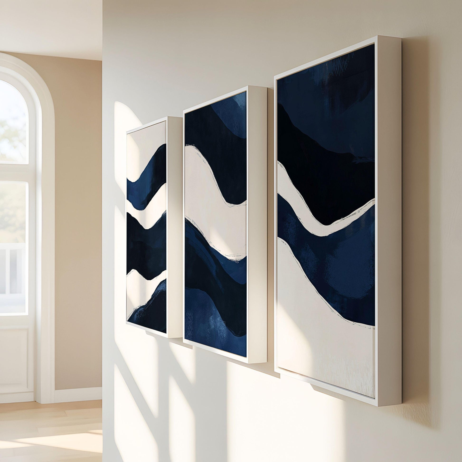 Navy Blue Coastal Abstract Wall Art Print Set, Large Contemporary Nautical Artworks, Modern Beach Decor Triptych