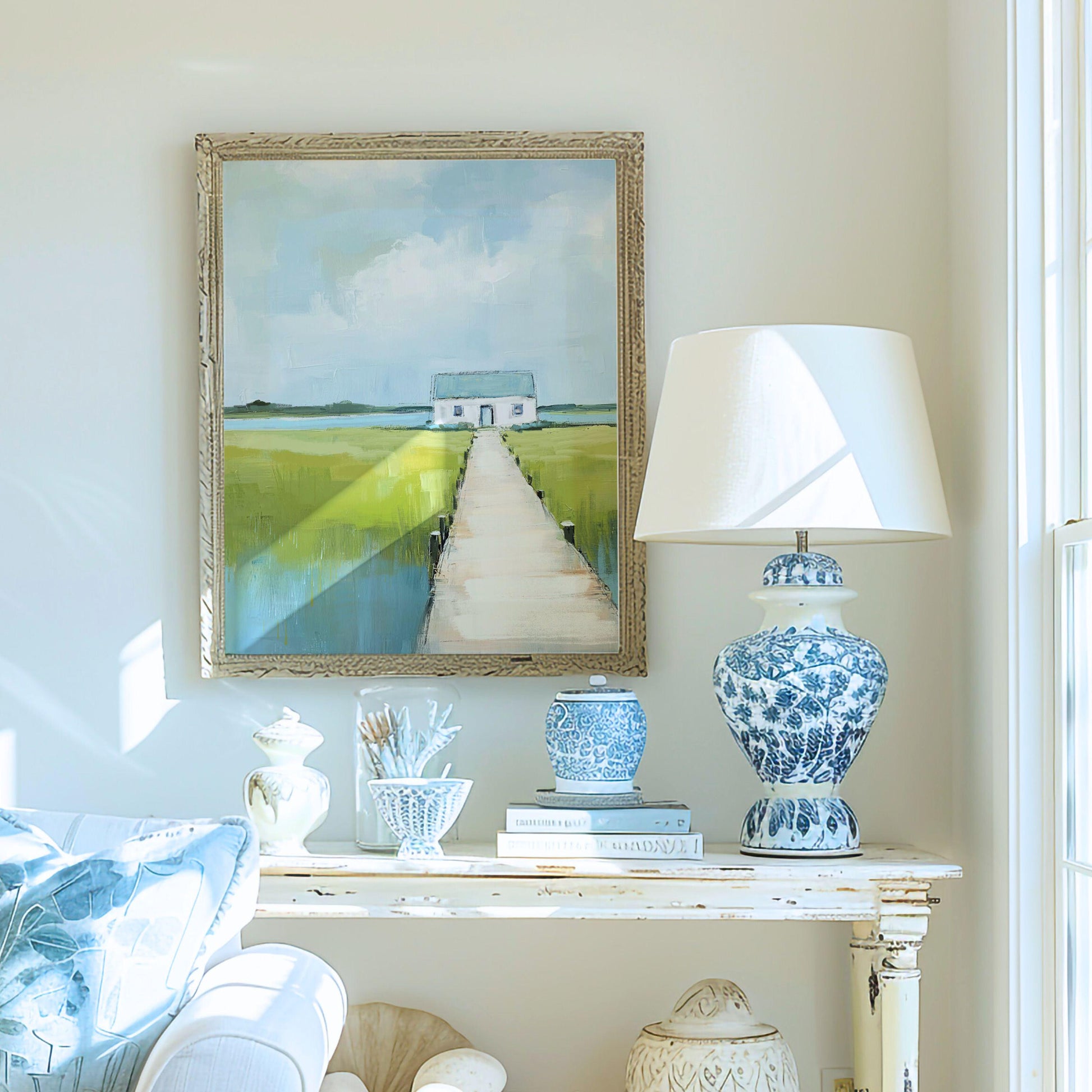 Coastal Home Art Print, Marshland Painting in Soft Blue and Green Tones, Modern Beachouse Decor, Large Vertical Artwork