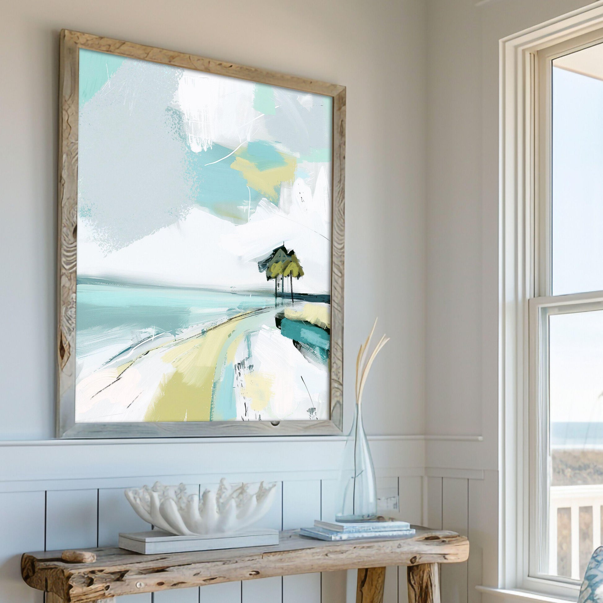 Abstract Coastal Landscape Print, Blue Green Tropical Beach Wall Art, Modern Beach House Decor