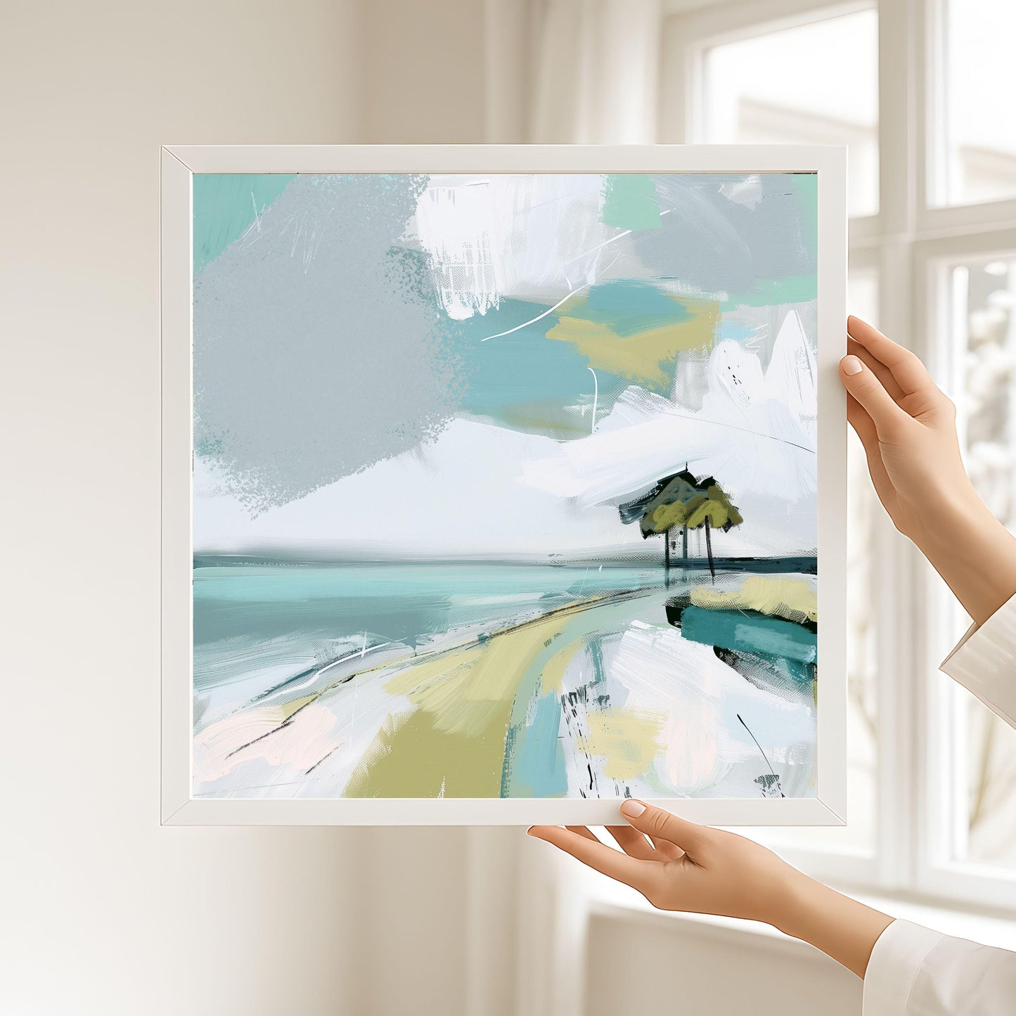 Abstract Coastal Landscape Print, Blue Green Tropical Beach Wall Art, Modern Beach House Decor