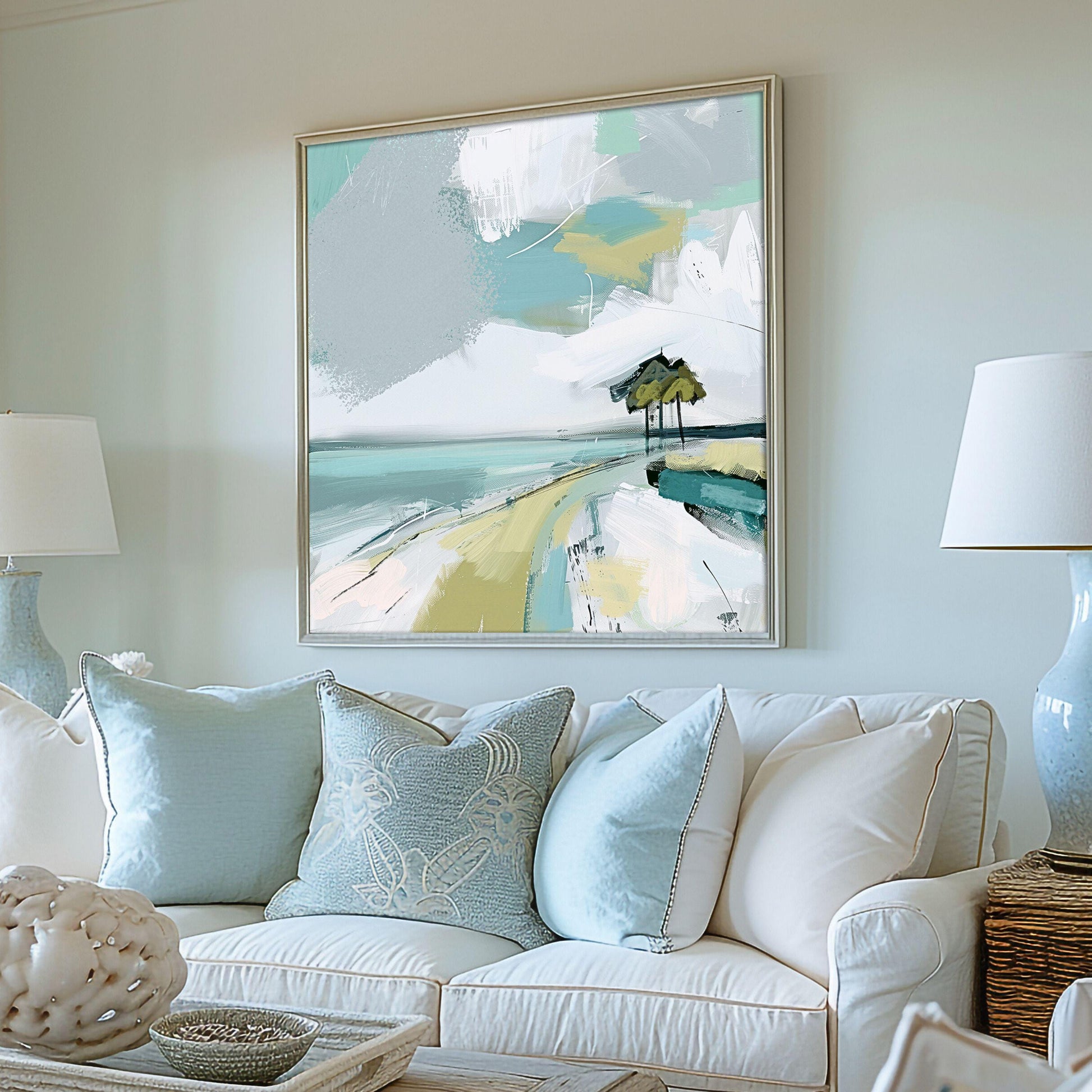Abstract Coastal Landscape Print, Blue Green Tropical Beach Wall Art, Modern Beach House Decor