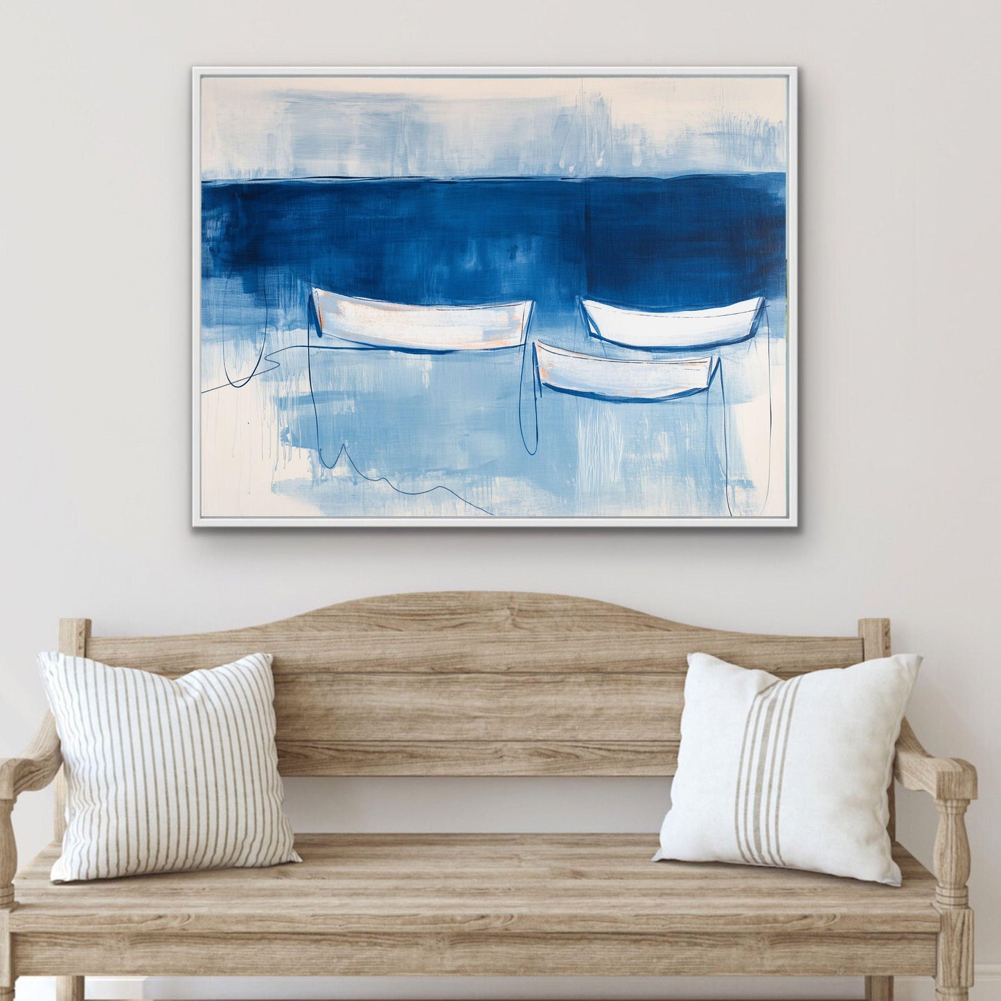Blue Abstract Coastal Wall Art Print, Minimalist Boat Painting, Nautical Navy Blue Decor, Modern Beach House Art
