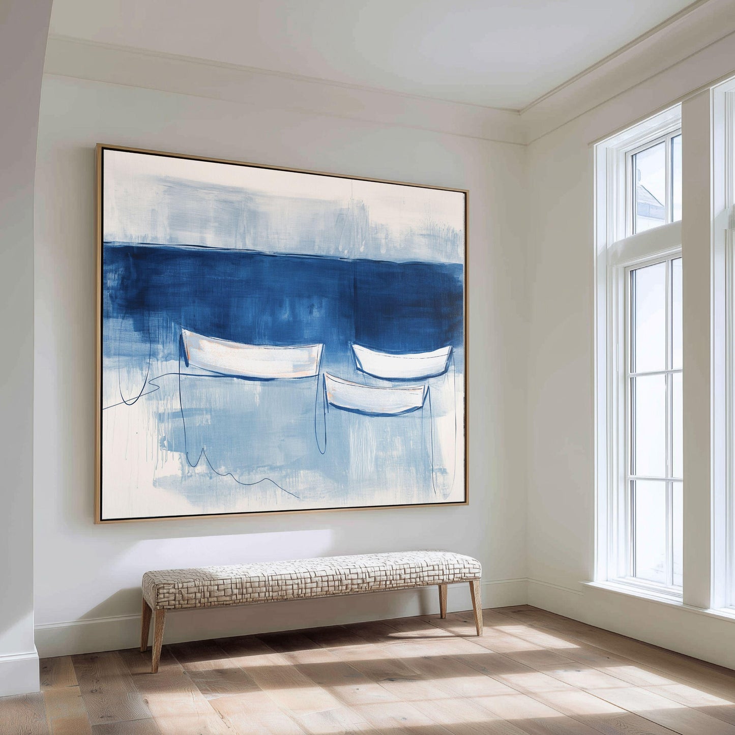 Blue Abstract Coastal Wall Art Print, Minimalist Boat Painting, Nautical Navy Blue Decor, Modern Beach House Art