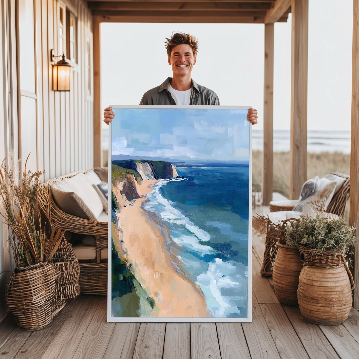 Pacific Ocean Cliff Art Print, Modern Beach House Decor, Vertical Artwork in Wrapped Canvas or Cotton Rag Paper, Framing Available