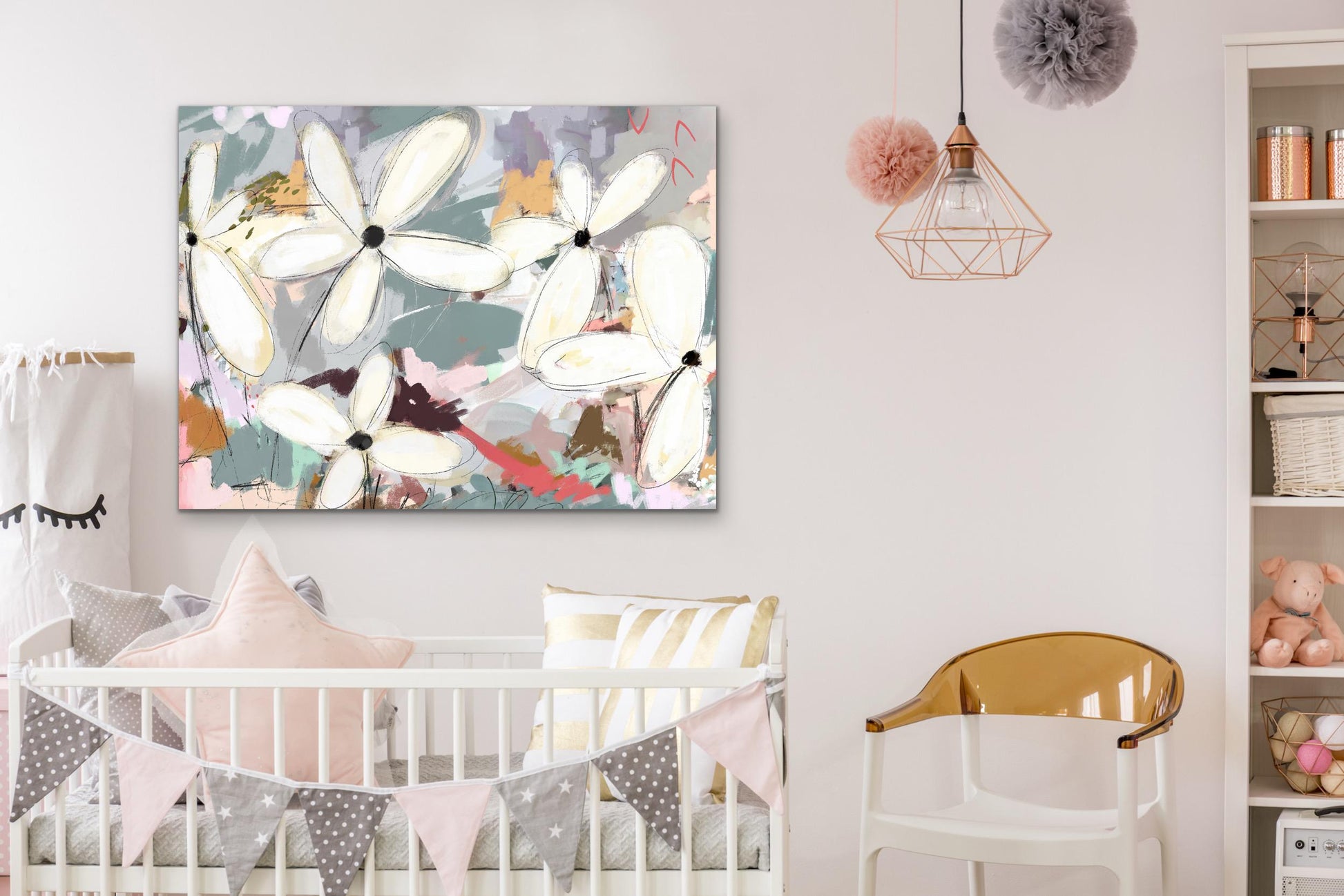 Large Abstract Botanical Wall Art, Modern Coastal Flower Painting, Beach House Decor,
