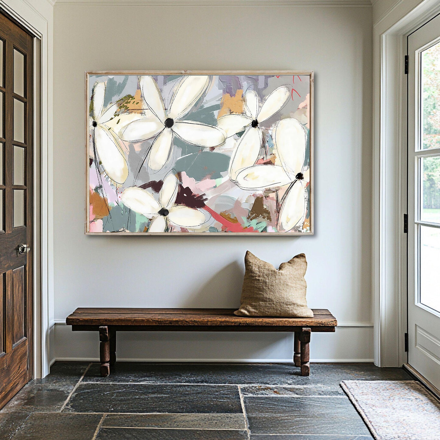 Large Abstract Botanical Wall Art, Modern Coastal Flower Painting, Beach House Decor,