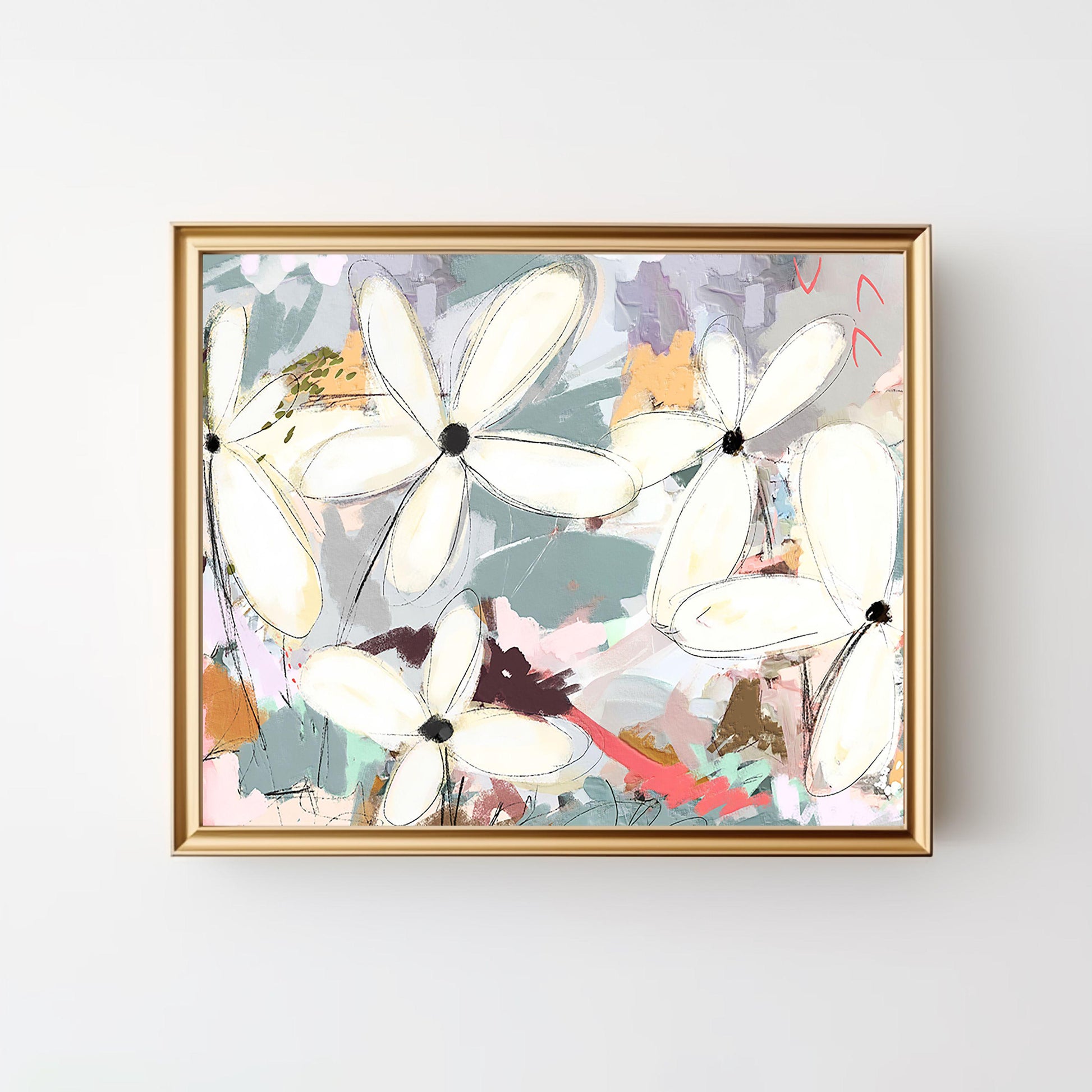 Large Abstract Botanical Wall Art, Modern Coastal Flower Painting, Beach House Decor,