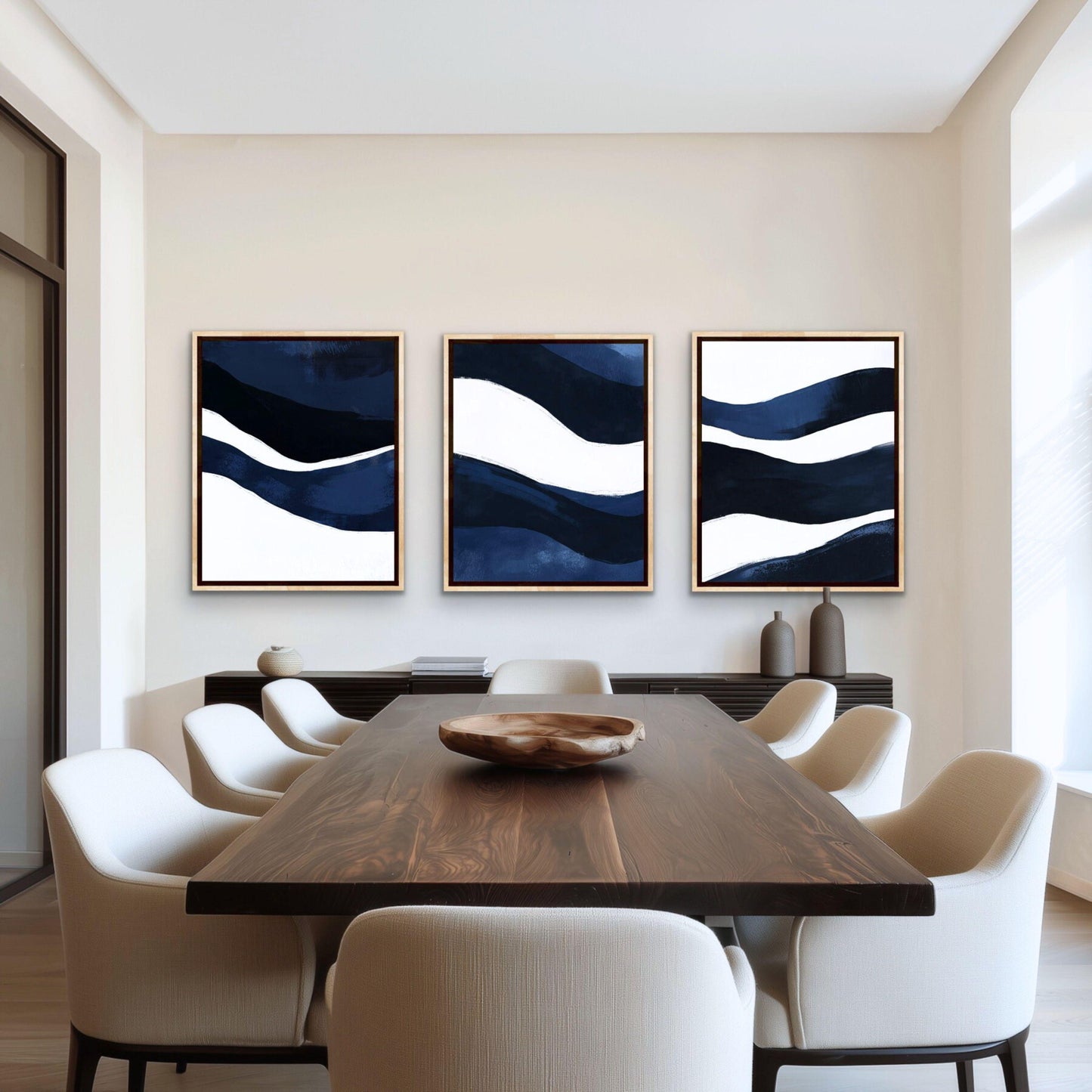 Navy Blue Coastal Abstract Wall Art Print Set, Large Contemporary Nautical Artworks, Modern Beach Decor Triptych