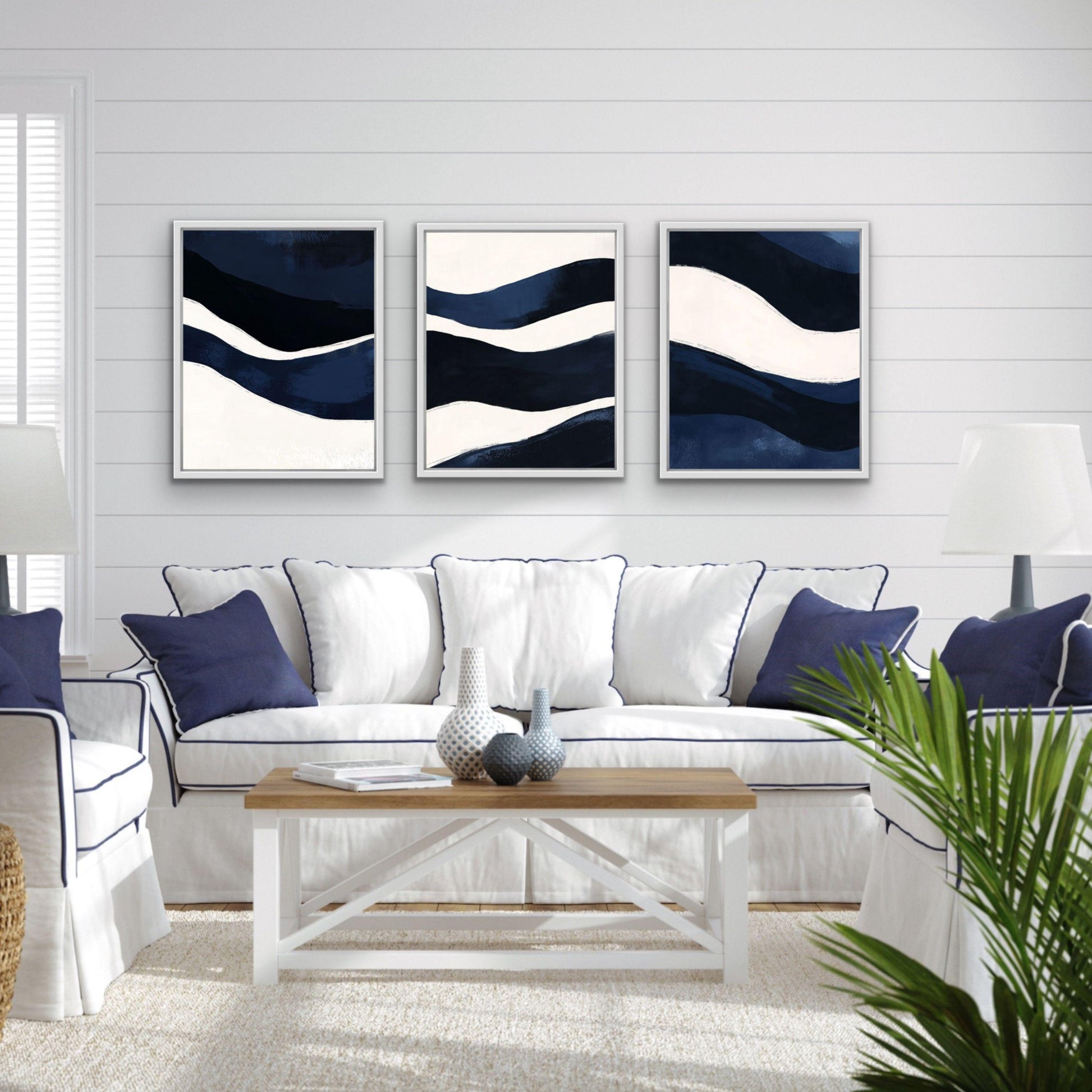 Navy Blue Coastal Abstract Wall Art Print Set, Large Contemporary Nautical Artworks, Modern Beach Decor Triptych