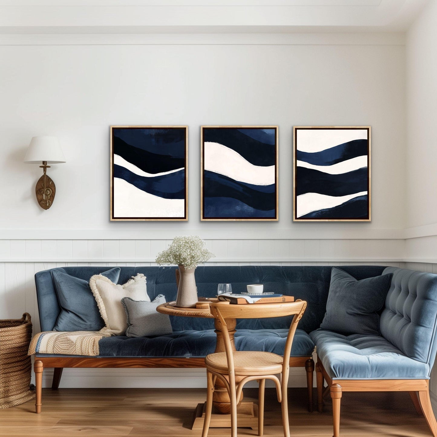 Navy Blue Coastal Abstract Wall Art Print Set, Large Contemporary Nautical Artworks, Modern Beach Decor Triptych
