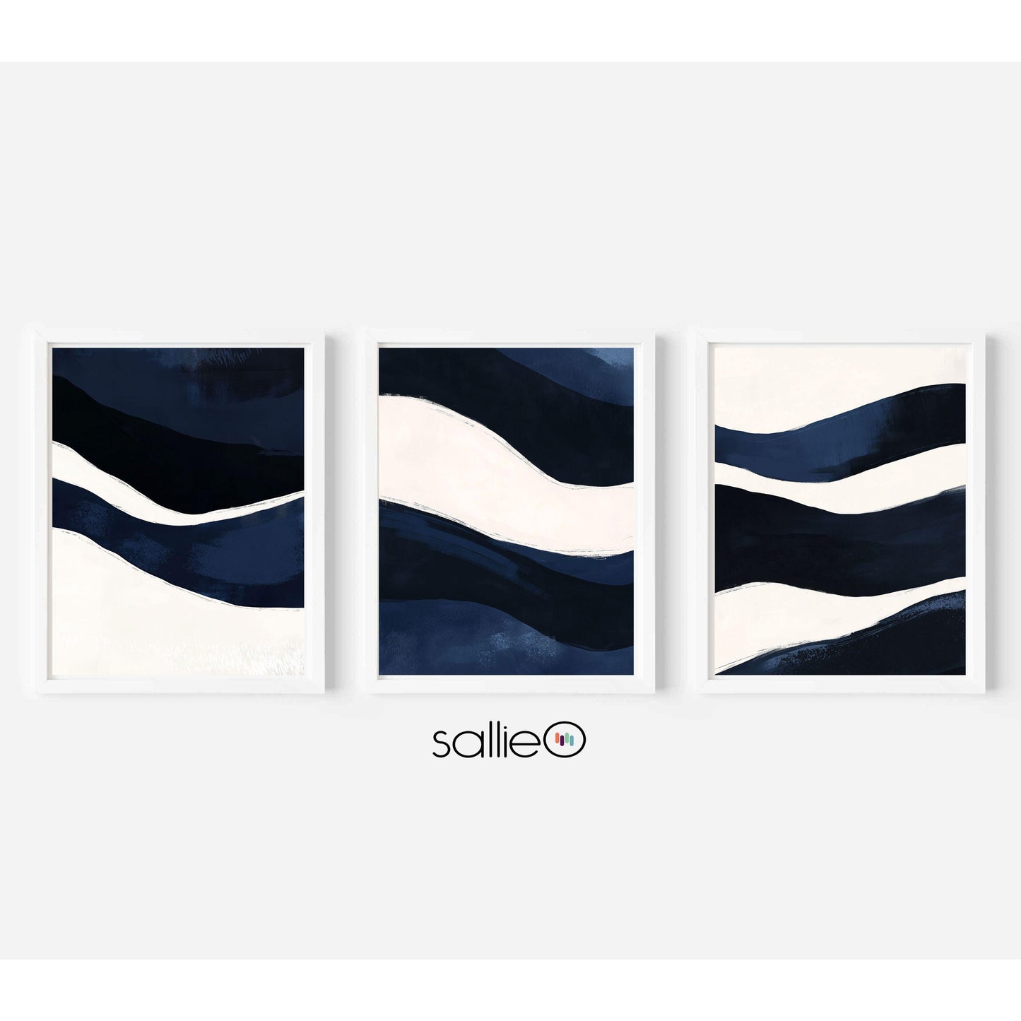 Navy Blue Coastal Abstract Wall Art Print Set, Large Contemporary Nautical Artworks, Modern Beach Decor Triptych