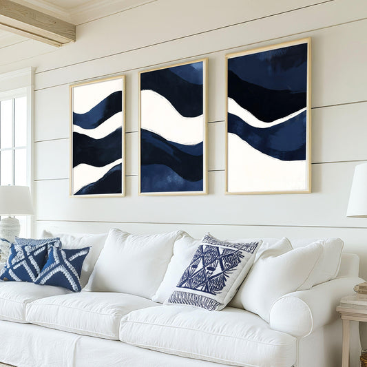 Navy Blue Coastal Abstract Wall Art Print Set, Large Contemporary Nautical Artworks, Modern Beach Decor Triptych