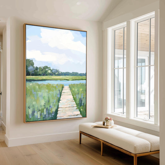Marshland Boardwalk By the Riverbank Art Print, Soft Blue and Green Coastal Landscape Painting, Modern Coastal Decor