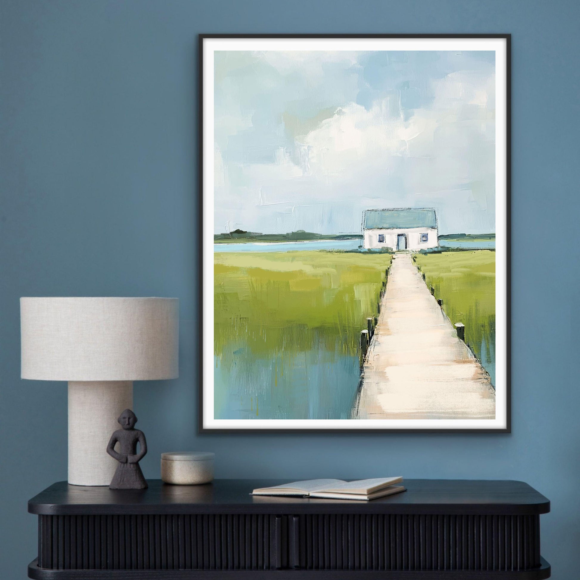 Coastal Home Art Print, Marshland Painting in Soft Blue and Green Tones, Modern Beachouse Decor, Large Vertical Artwork
